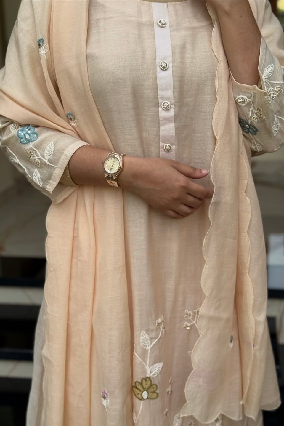 “Thread” Premium Beige Mul Chanderi A Line kurta set