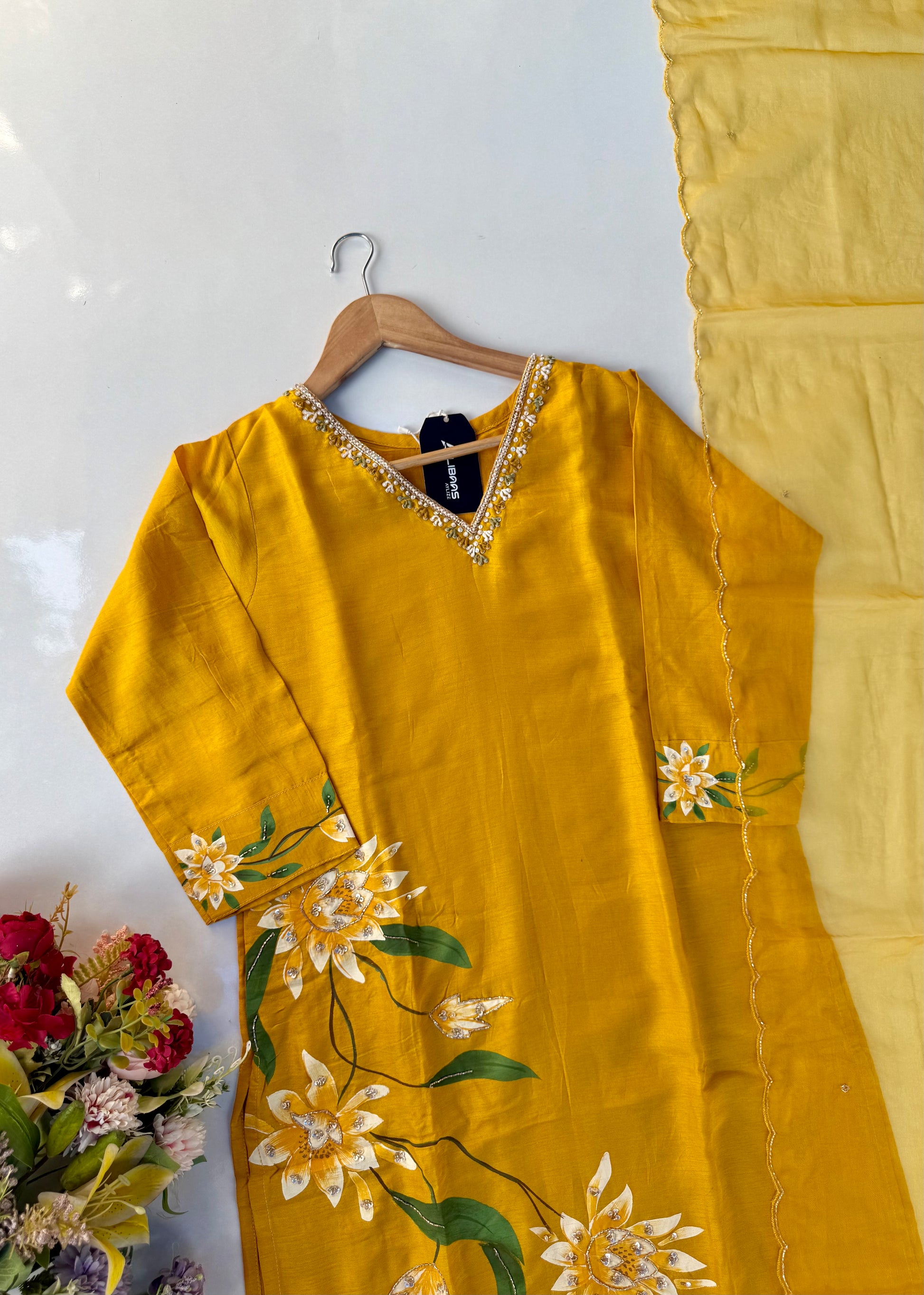 “Yeefa” Mustard Yellow dola silk hand print kurta set