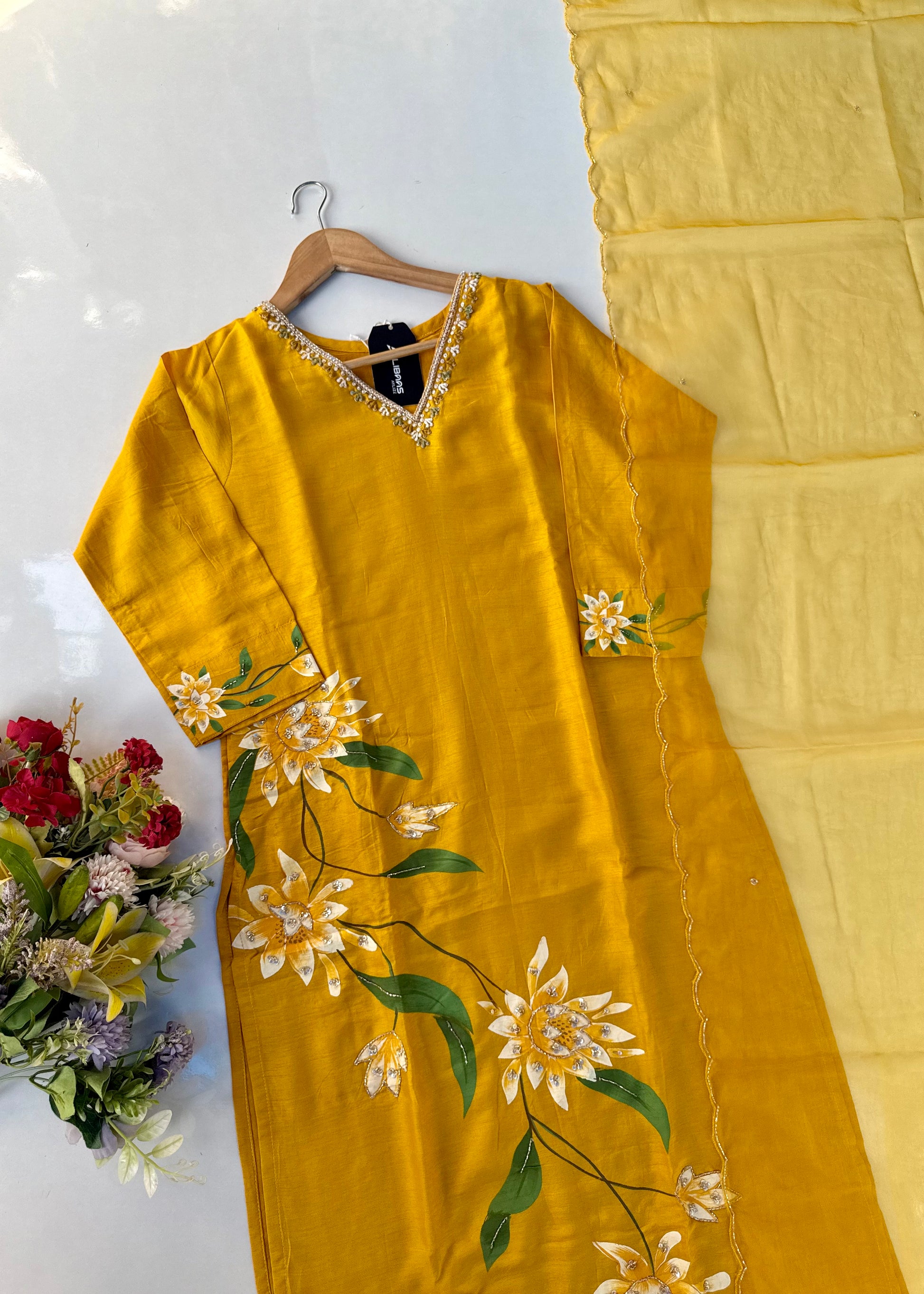 “Yeefa” Mustard Yellow dola silk hand print kurta set