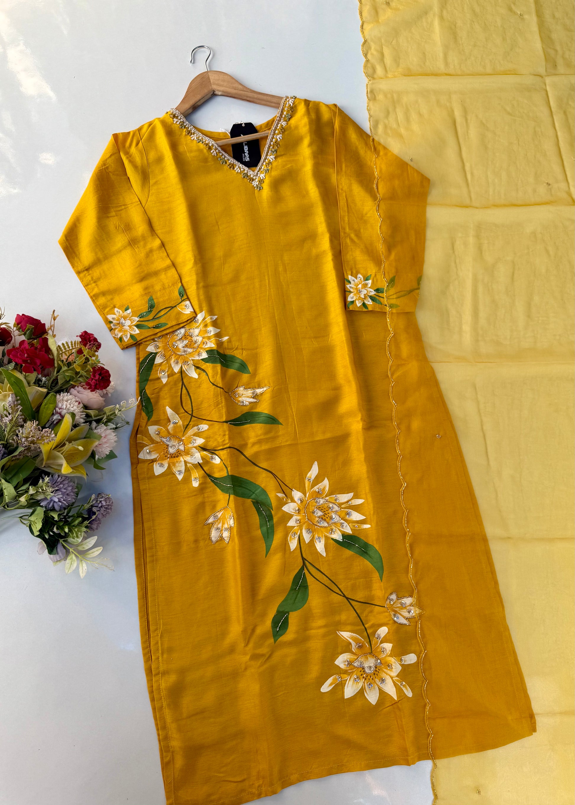 “Yeefa” Mustard Yellow dola silk hand print kurta set