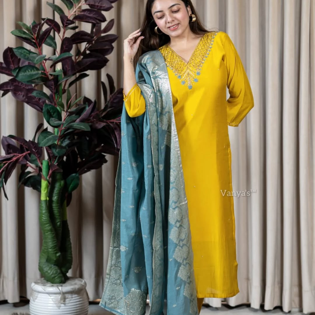 “Mansi” Elegant russain silk hand embroidery work suit