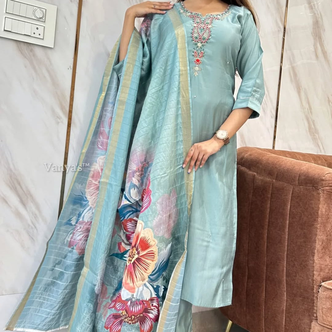 “Asta” Elegant roman silk hand embroidery work suit