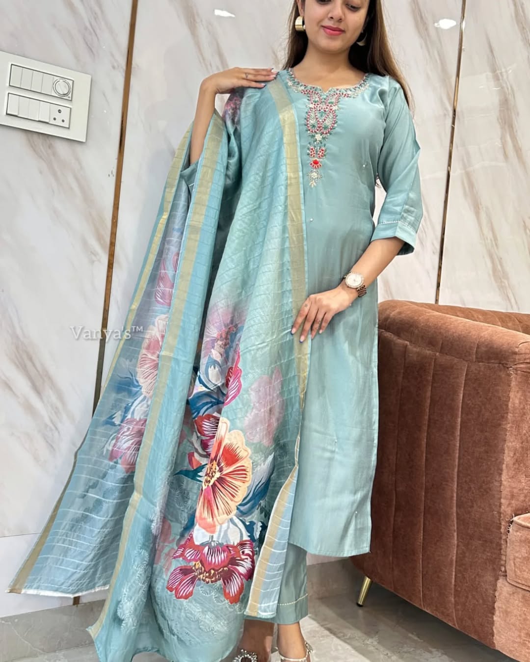 “Asta” Elegant roman silk hand embroidery work suit