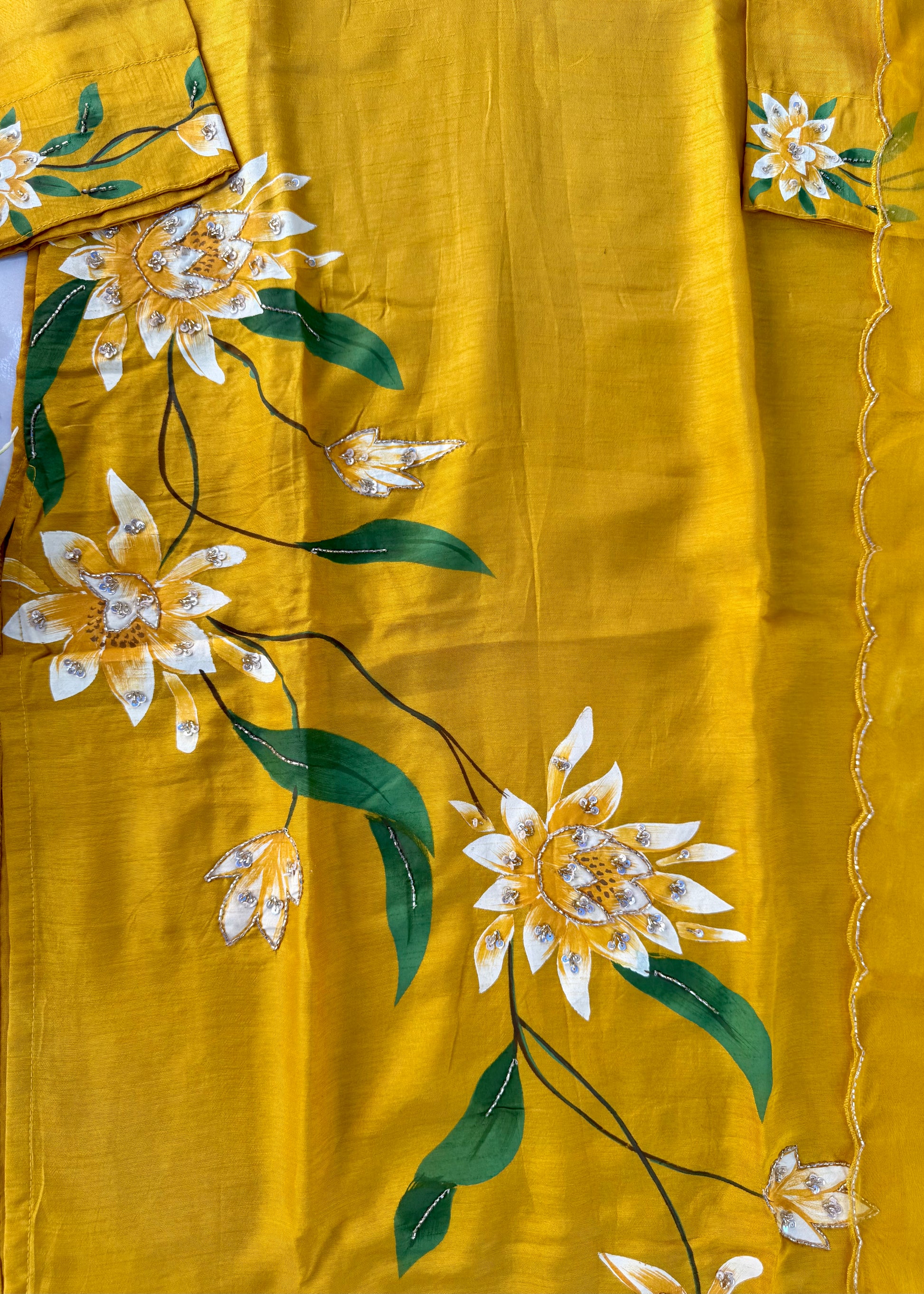 “Yeefa” Mustard Yellow dola silk hand print kurta set