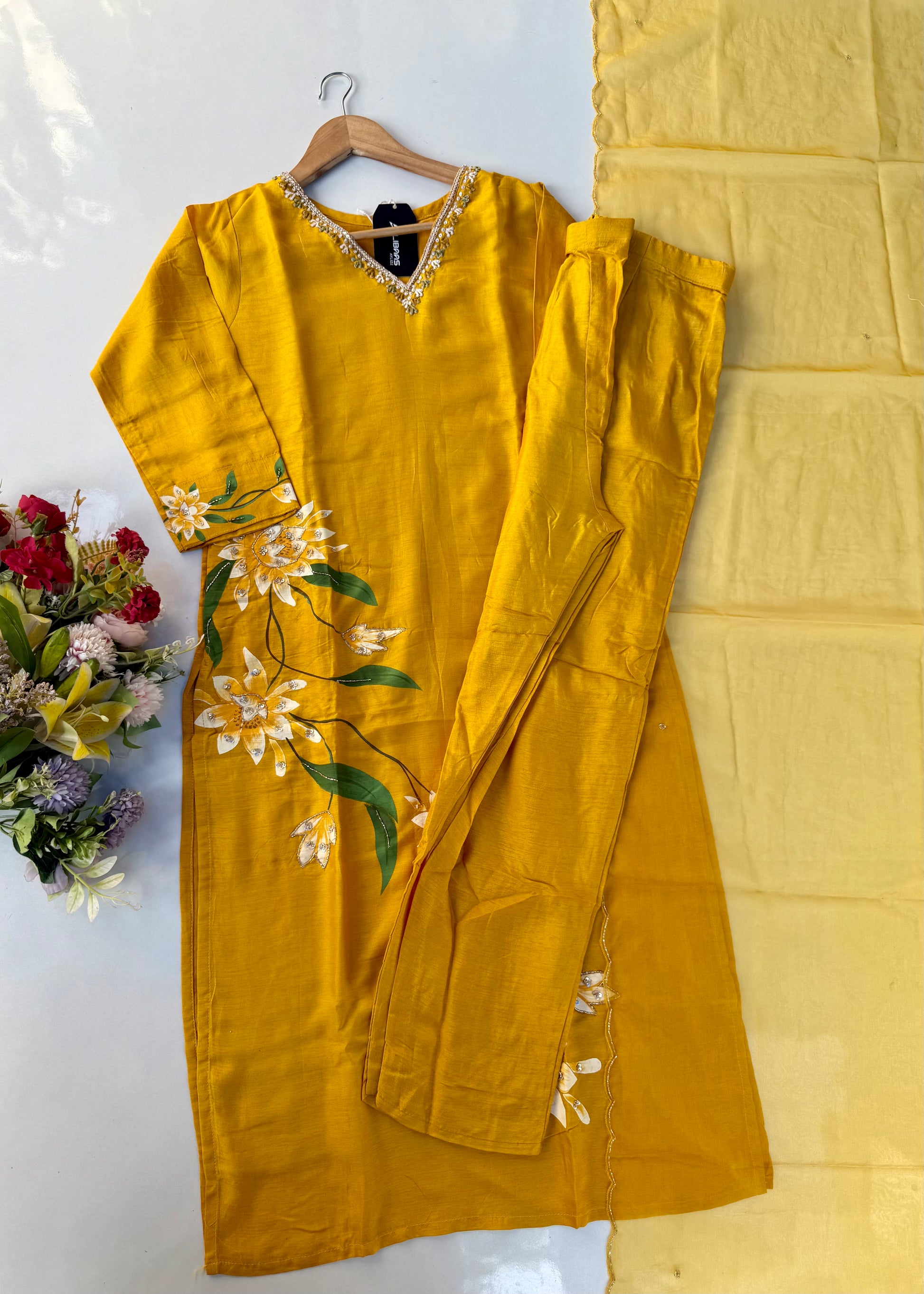 “Yeefa” Mustard Yellow dola silk hand print kurta set