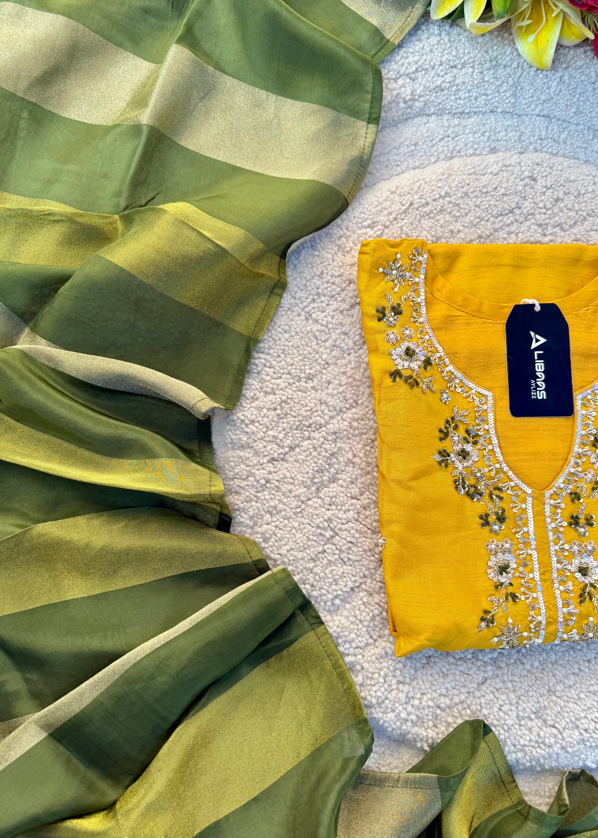 “AIRA” Mustard Yellow dola silk kurta with Green Striped Tissue Dupatta set