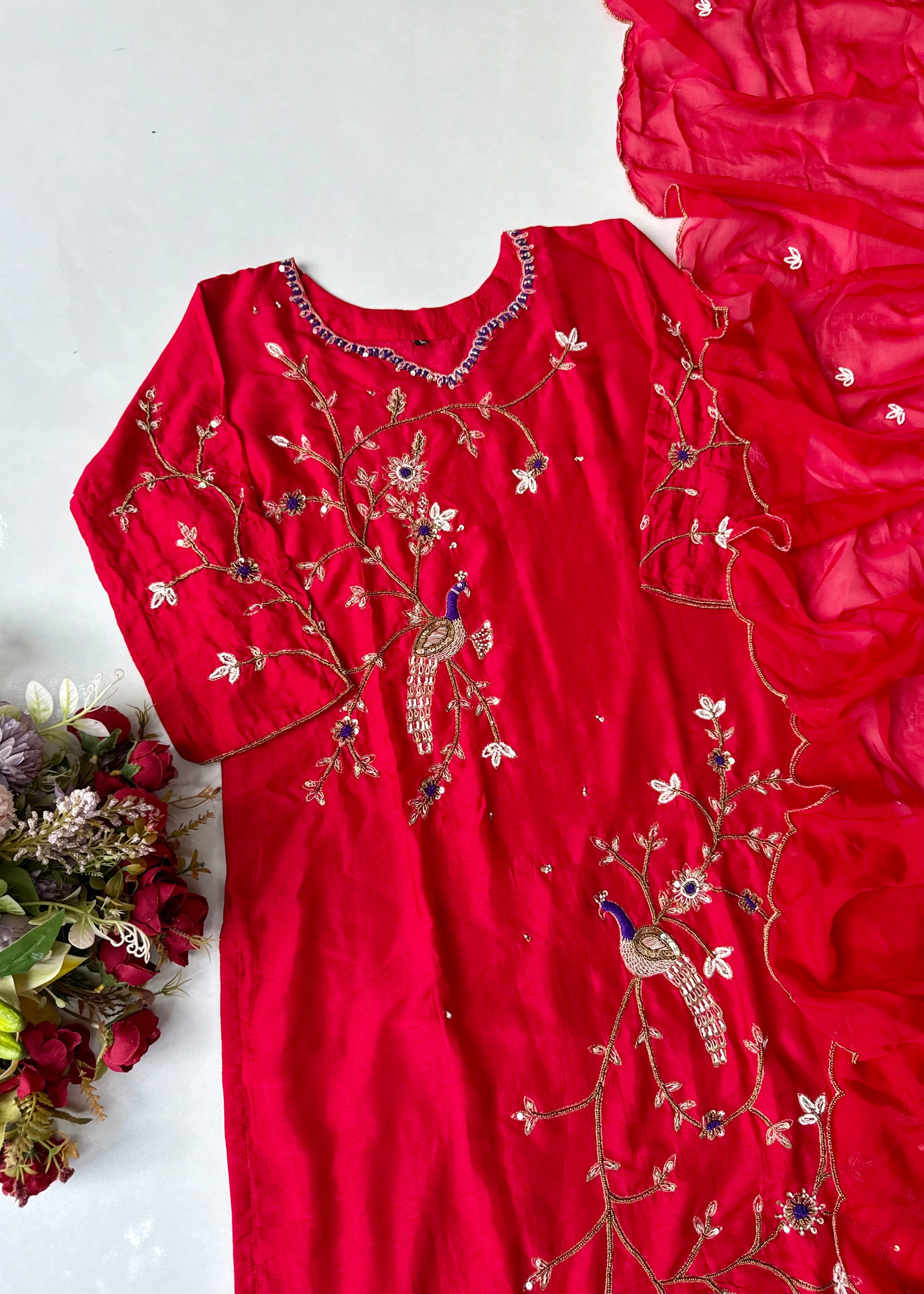 “Peacock” Deep Red Dola Silk Peacock Handwork Suit Set
