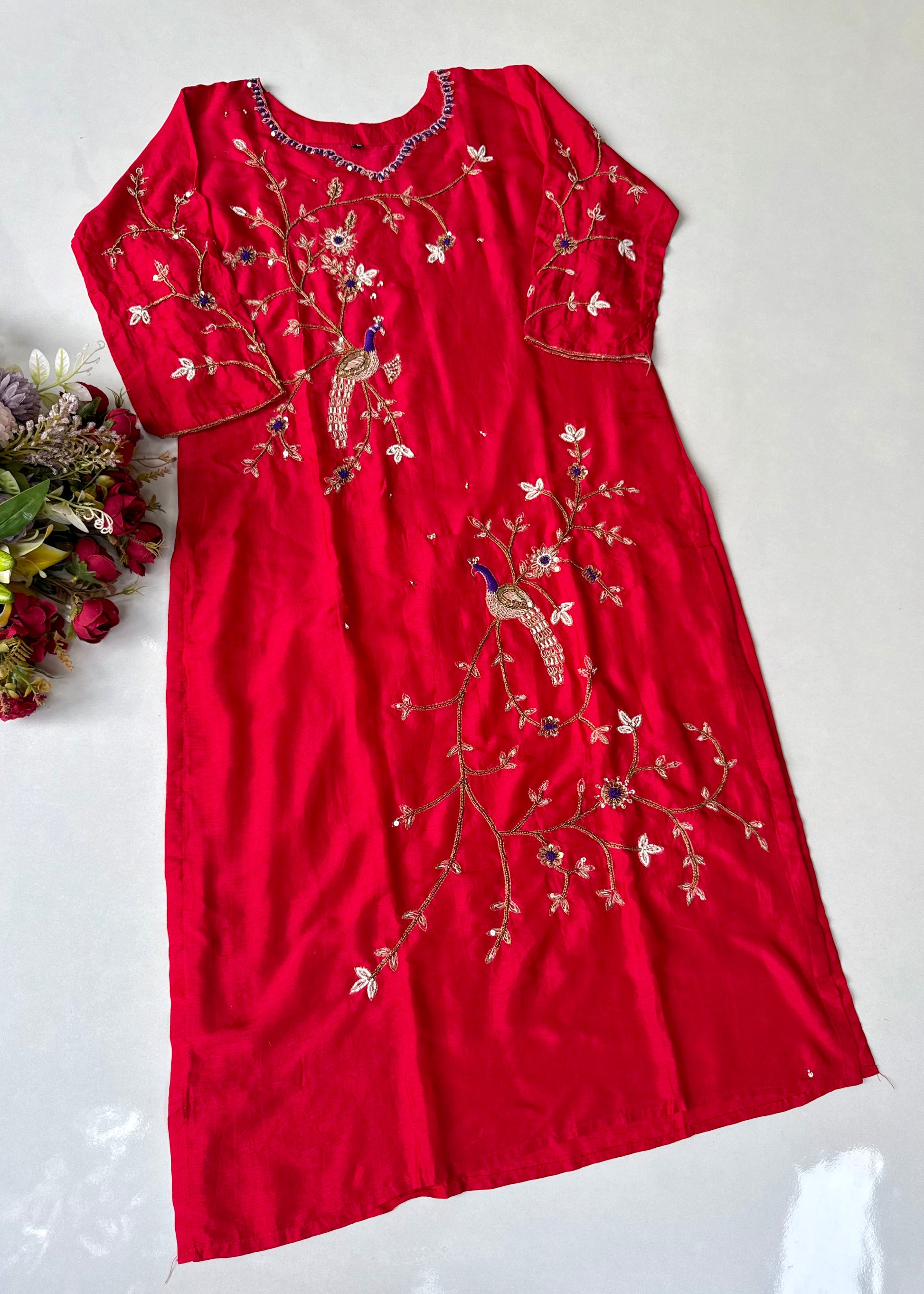 “Peacock” Deep Red Dola Silk Peacock Handwork Suit Set