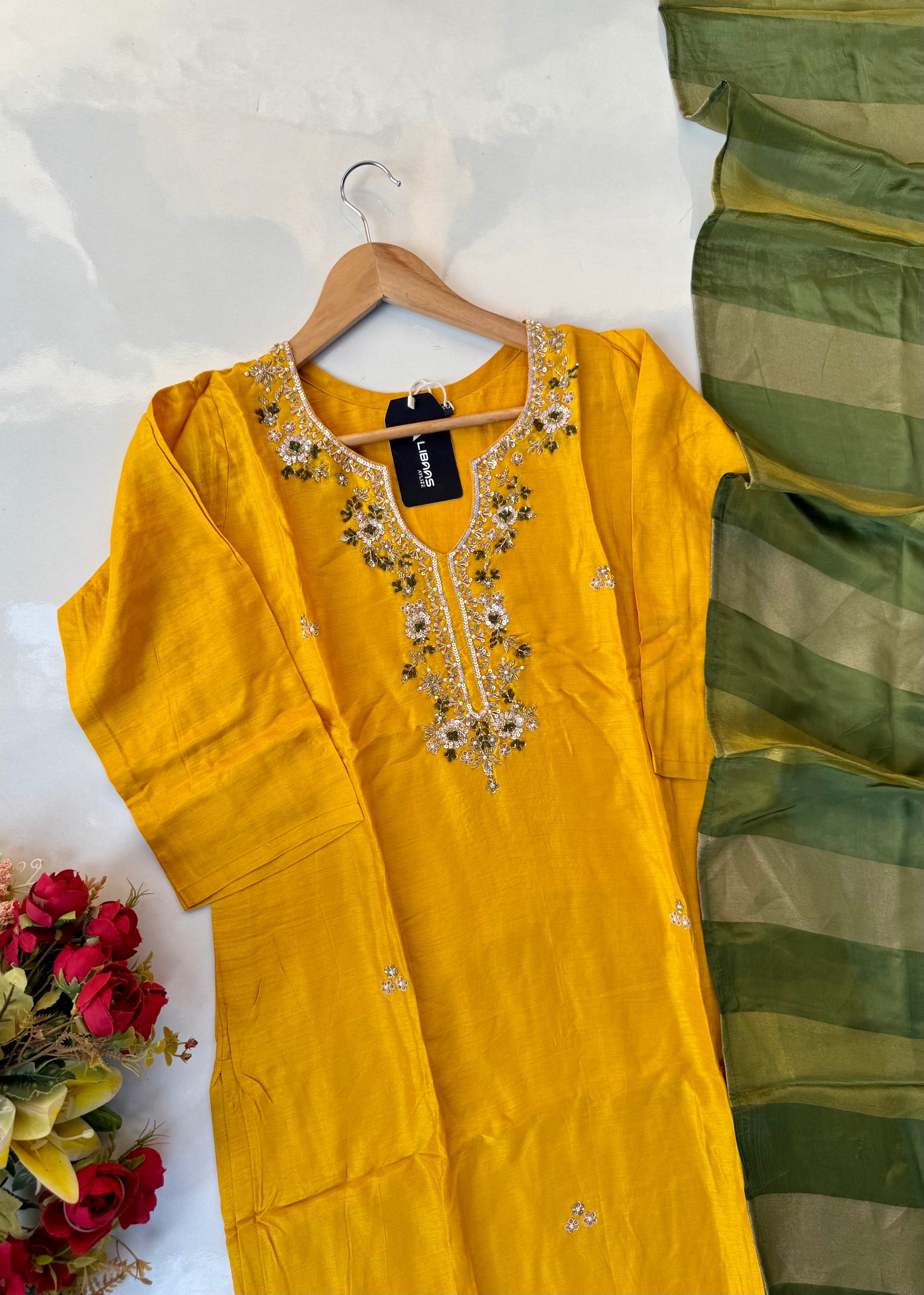 “AIRA” Mustard Yellow dola silk kurta with Green Striped Tissue Dupatta set