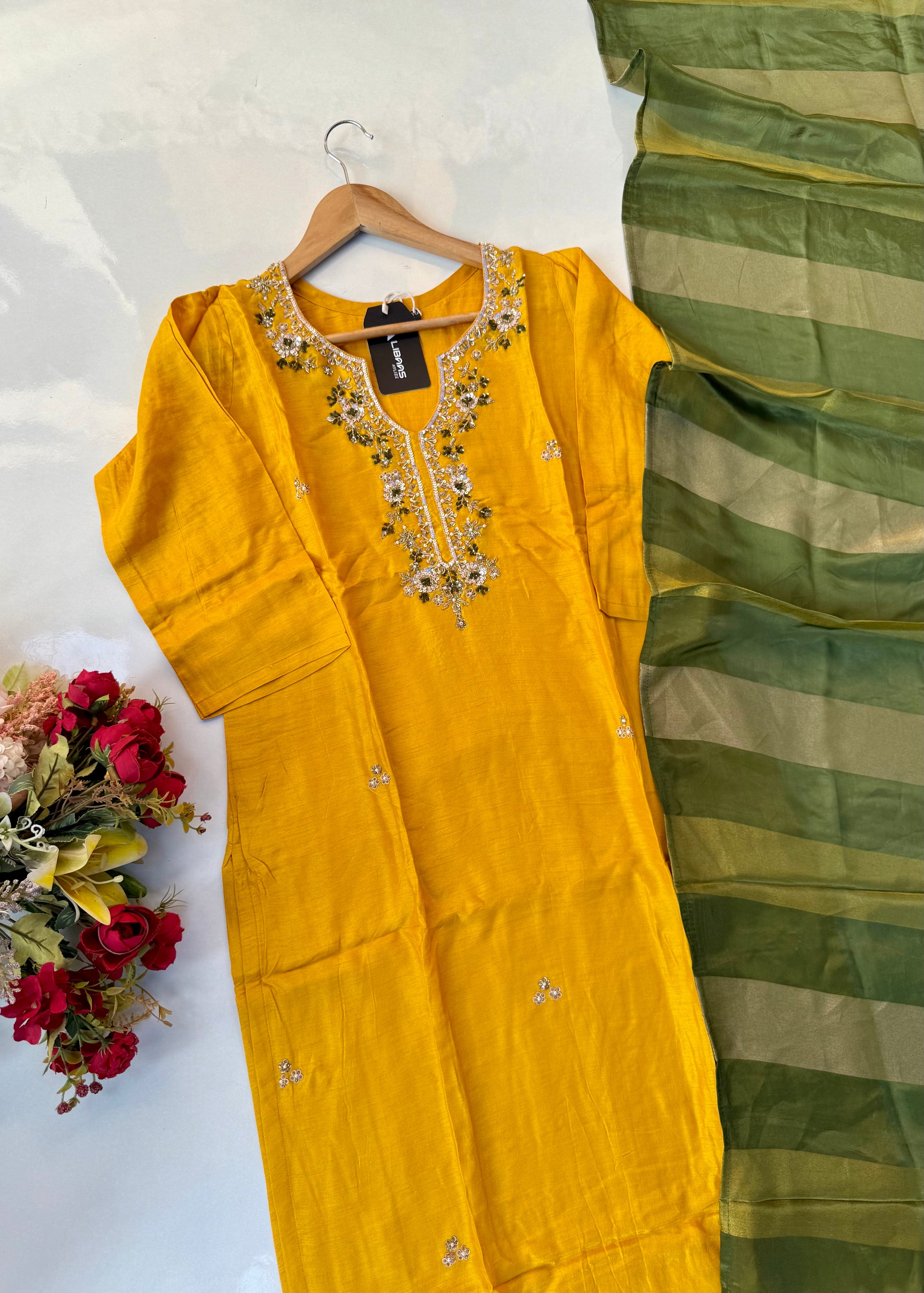 “AIRA” Mustard Yellow dola silk kurta with Green Striped Tissue Dupatta set