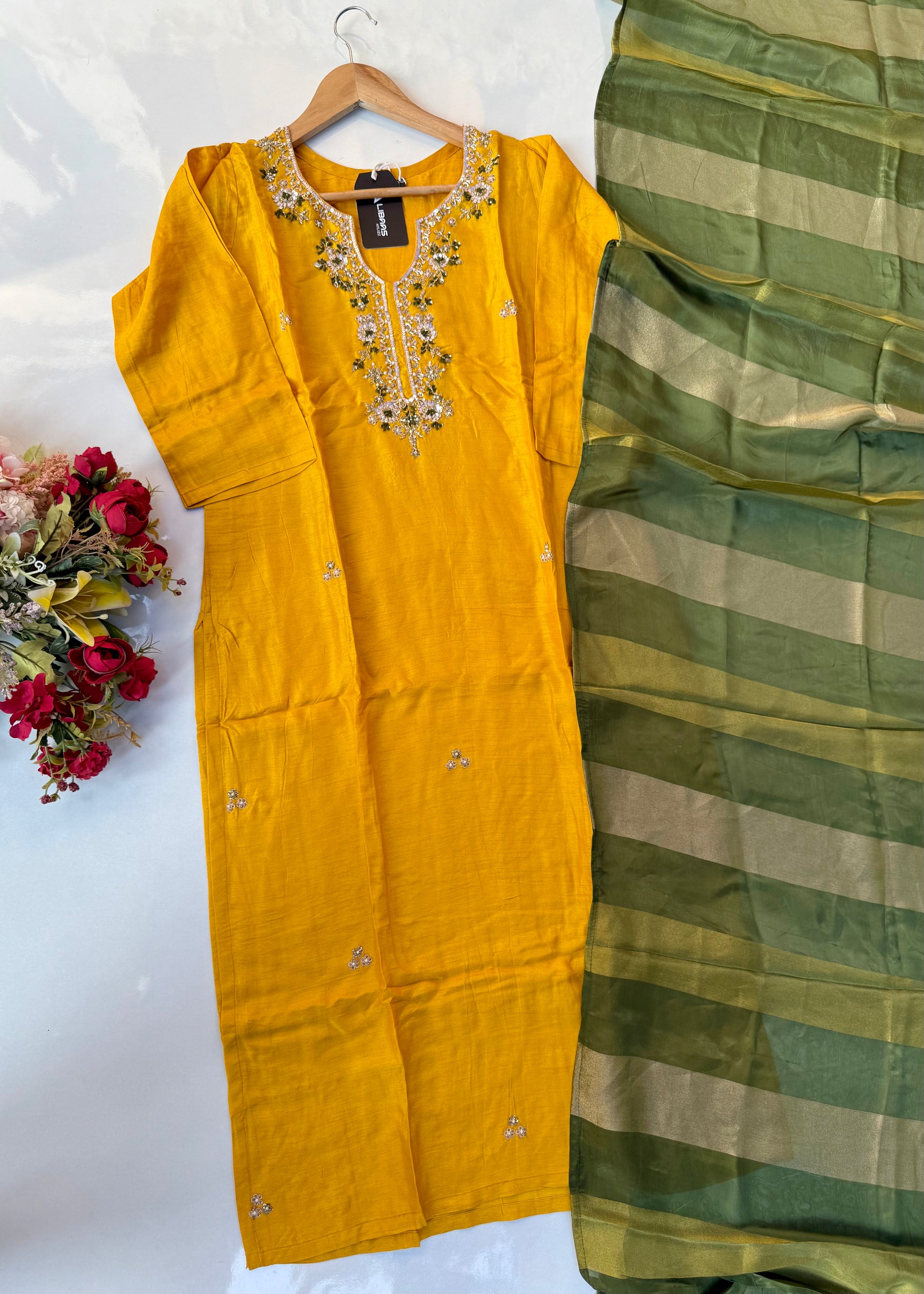 “AIRA” Mustard Yellow dola silk kurta with Green Striped Tissue Dupatta set