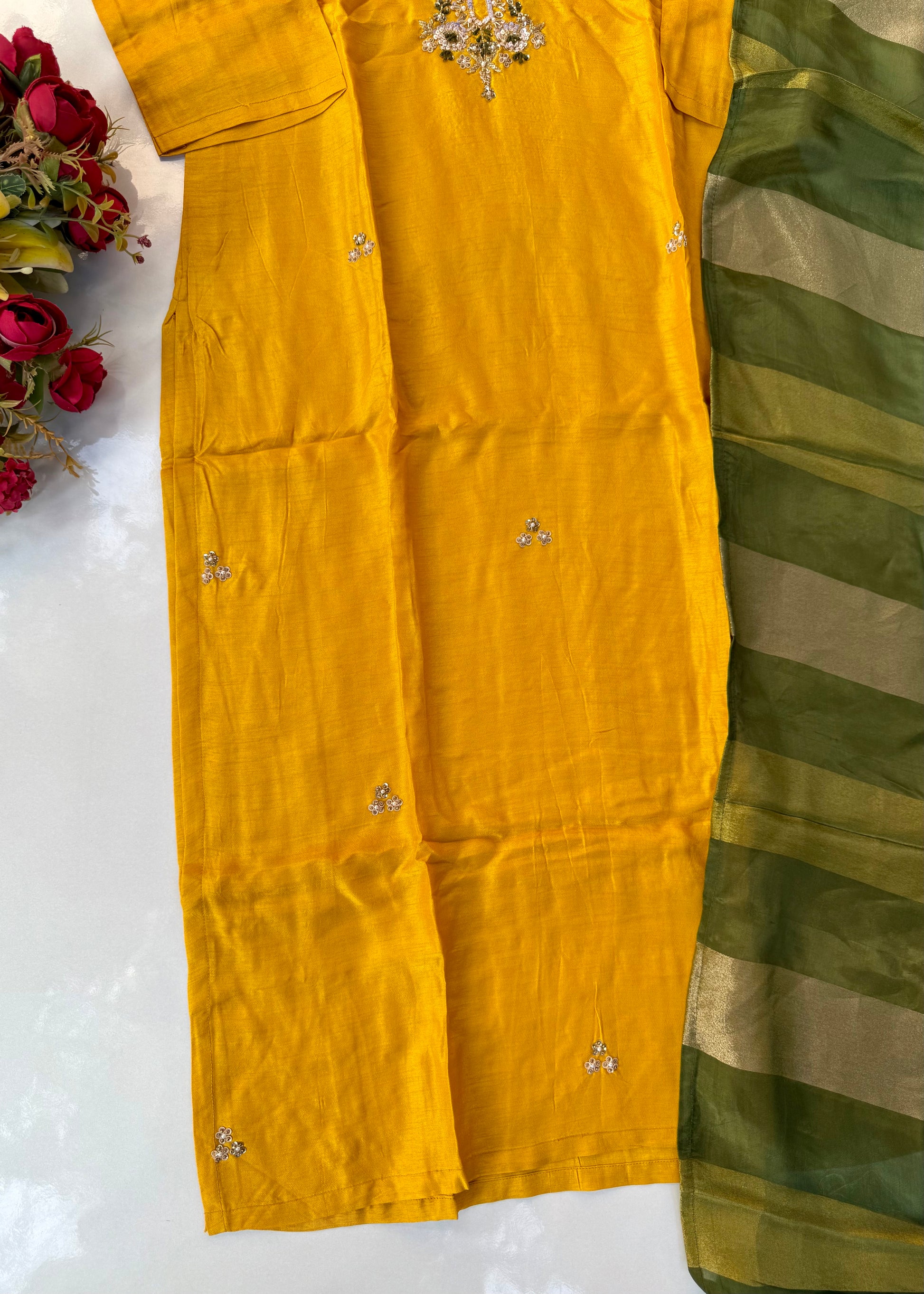 “AIRA” Mustard Yellow dola silk kurta with Green Striped Tissue Dupatta set