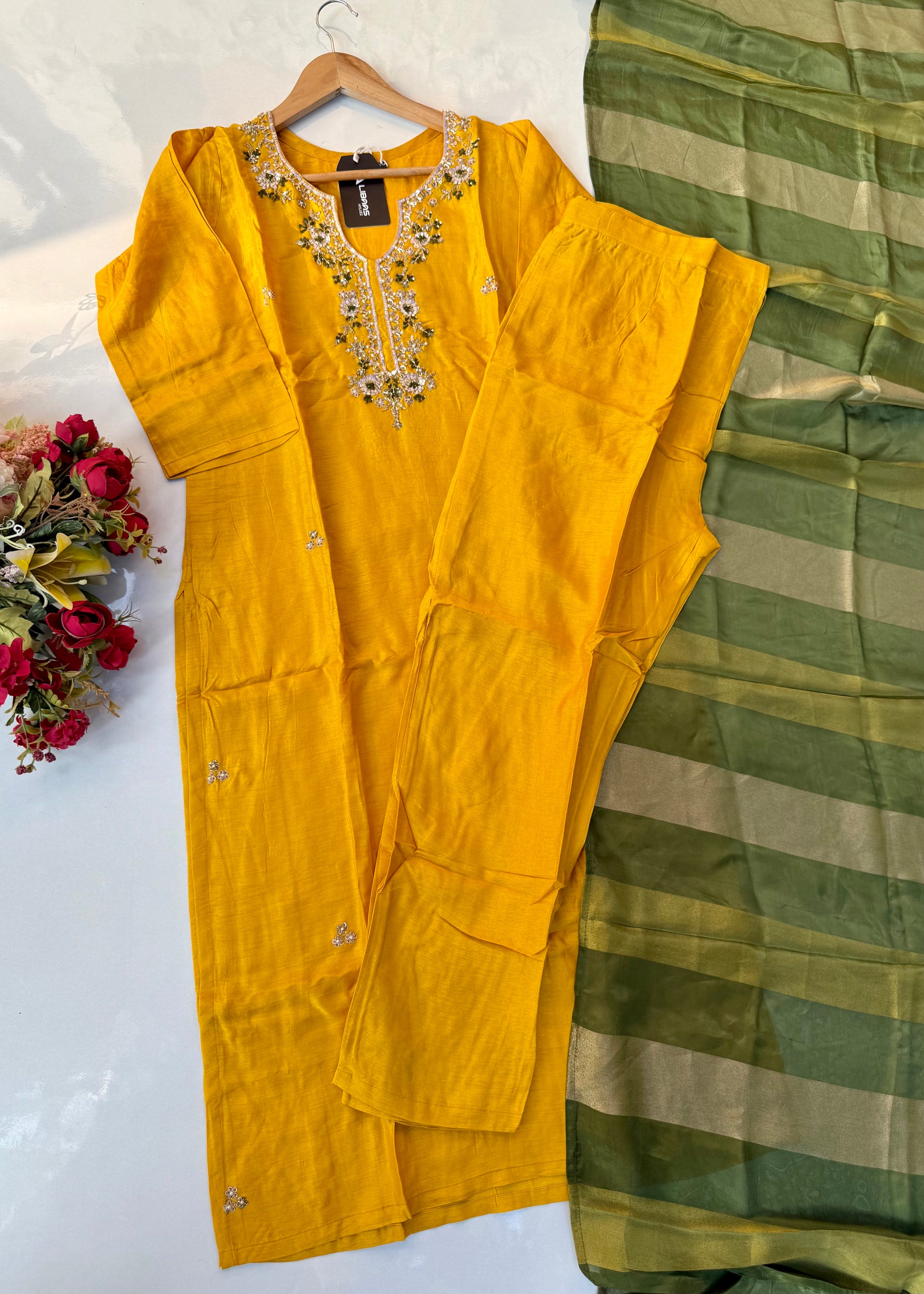 “AIRA” Mustard Yellow dola silk kurta with Green Striped Tissue Dupatta set