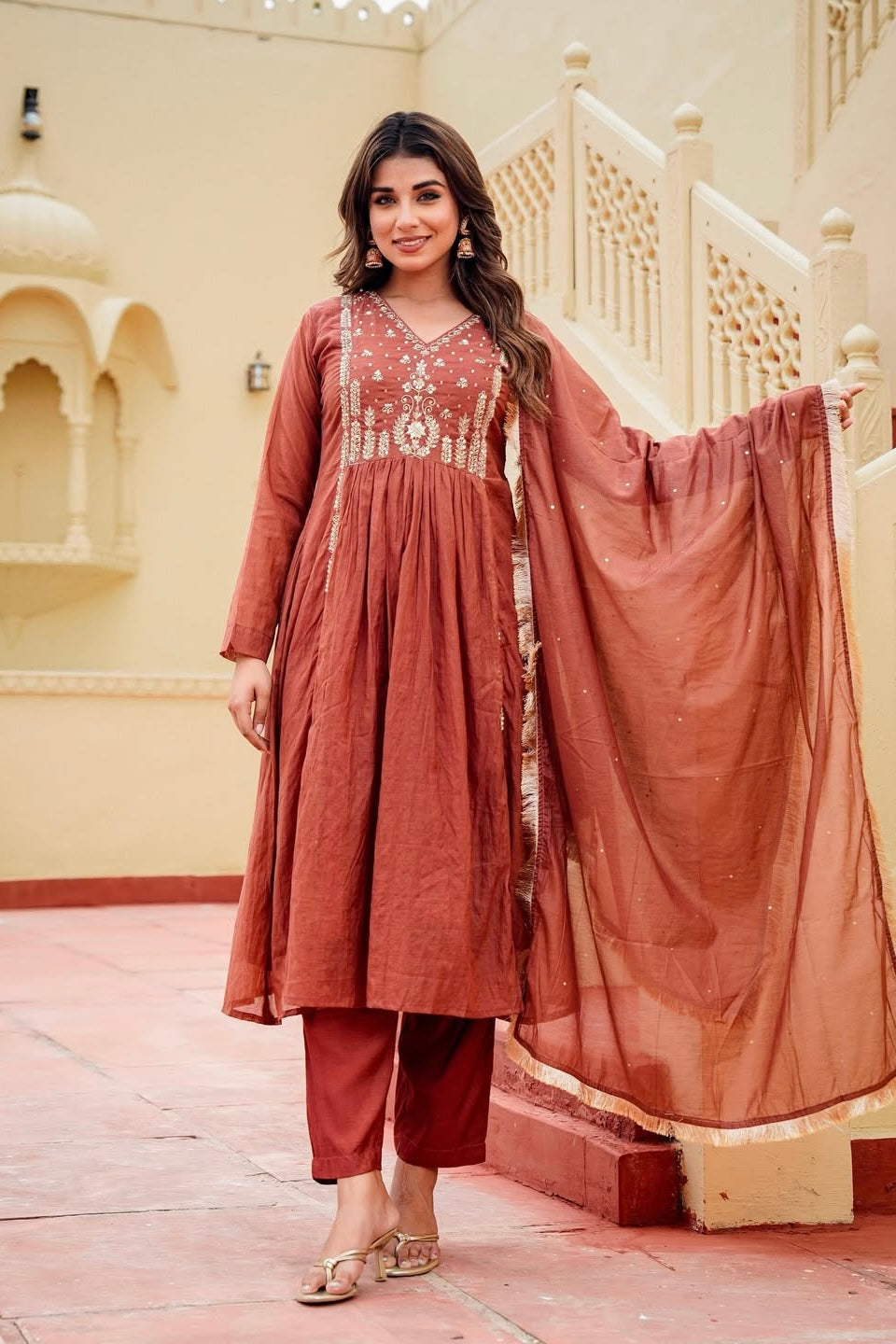 “Anya” Rust Brown Mul Chanderi anarkali kurta set