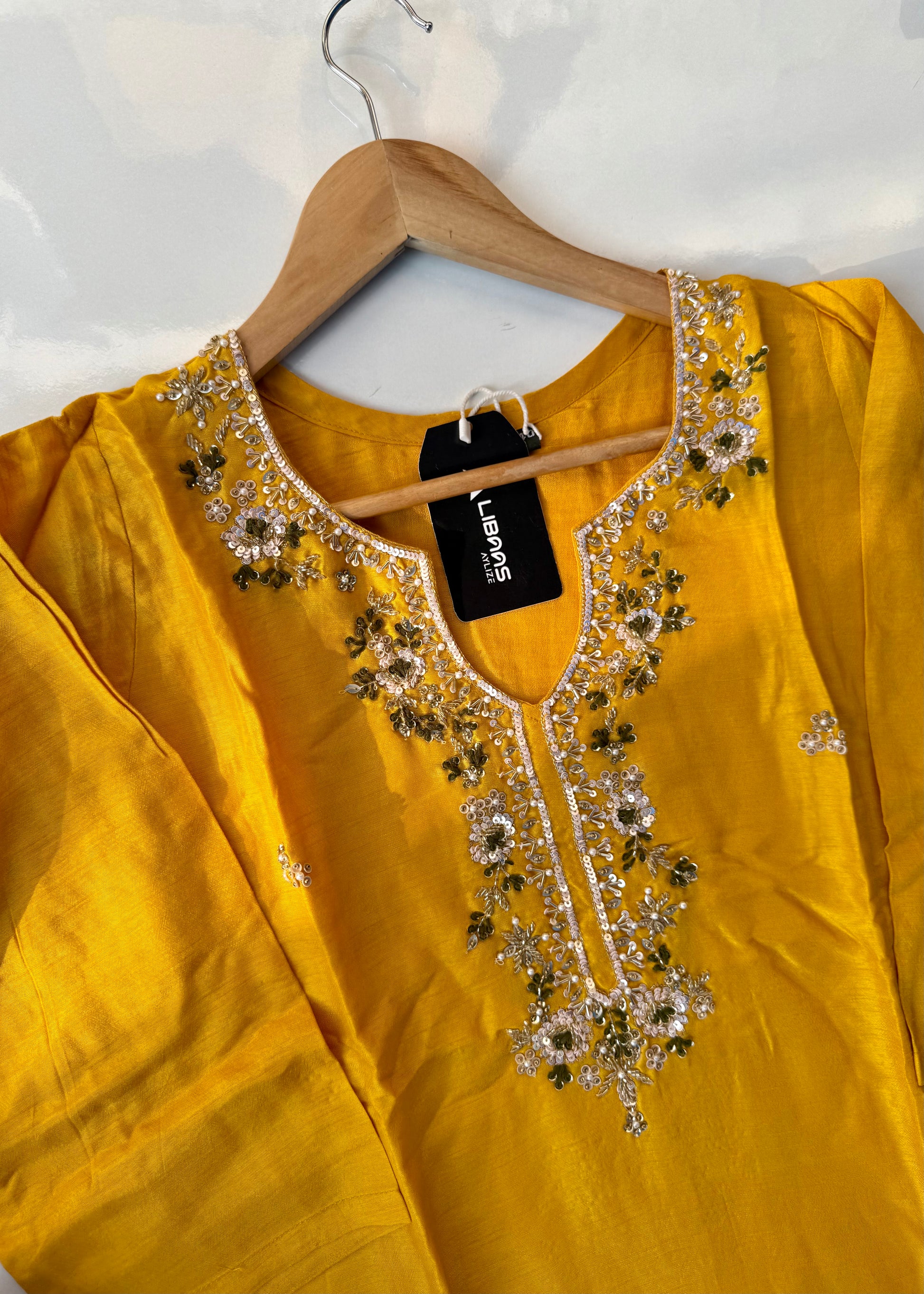 “AIRA” Mustard Yellow dola silk kurta with Green Striped Tissue Dupatta set