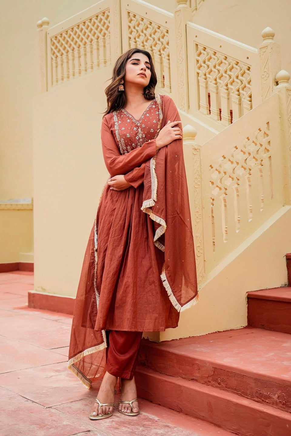 “Anya” Rust Brown Mul Chanderi anarkali kurta set