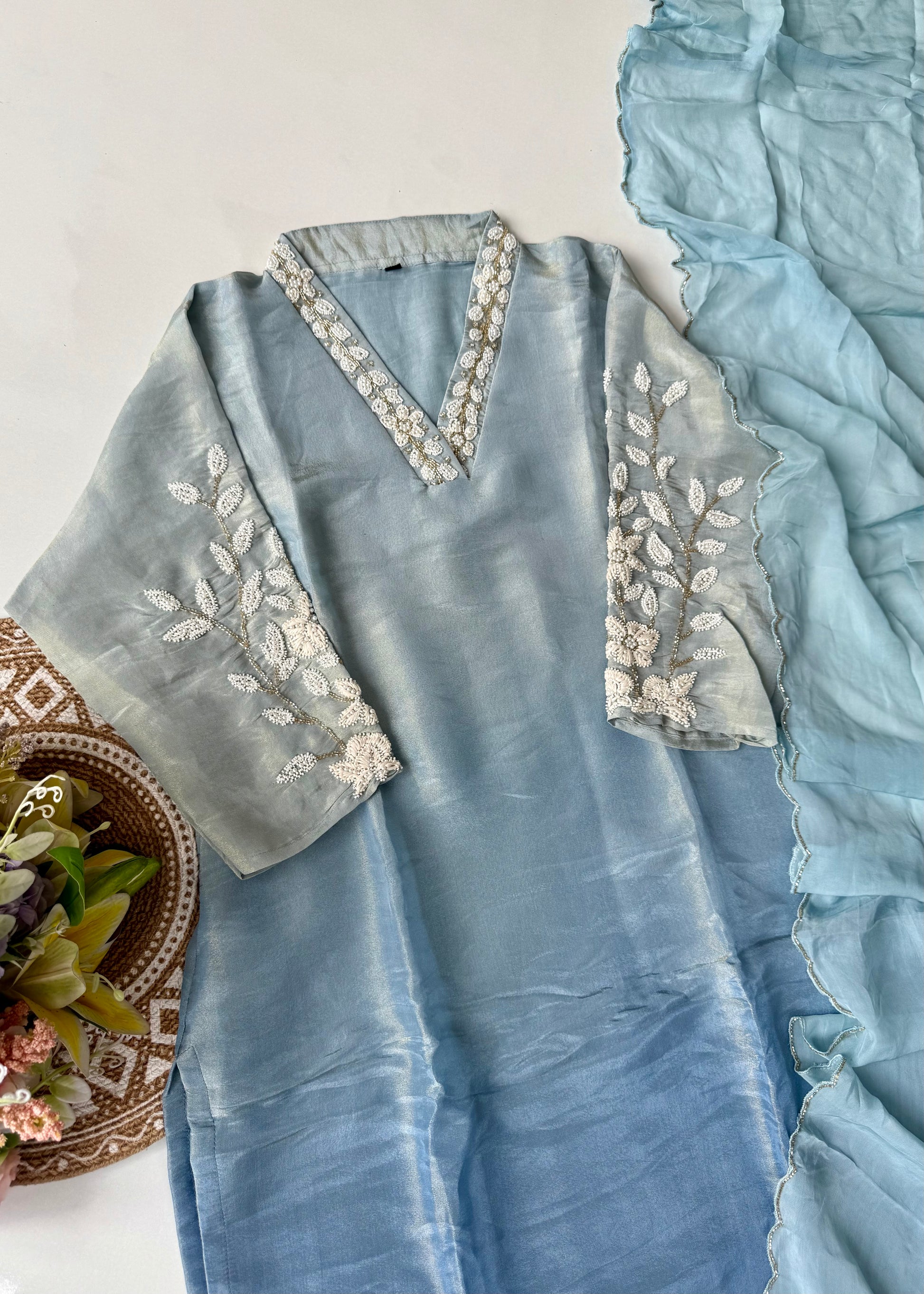 “Alora” Blue Serenity Ombre Tissue Silk kurta set