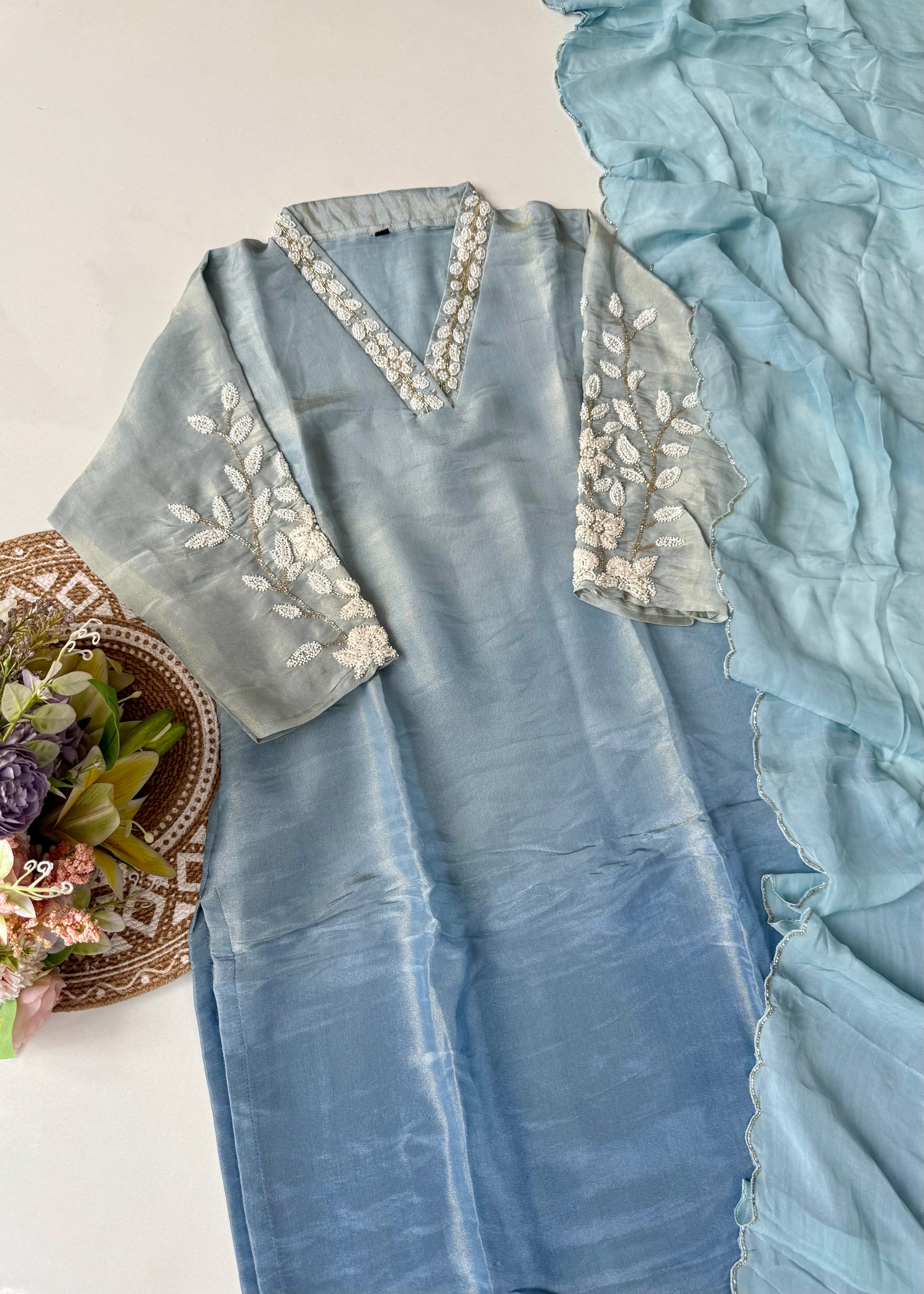 “Alora” Blue Serenity Ombre Tissue Silk kurta set