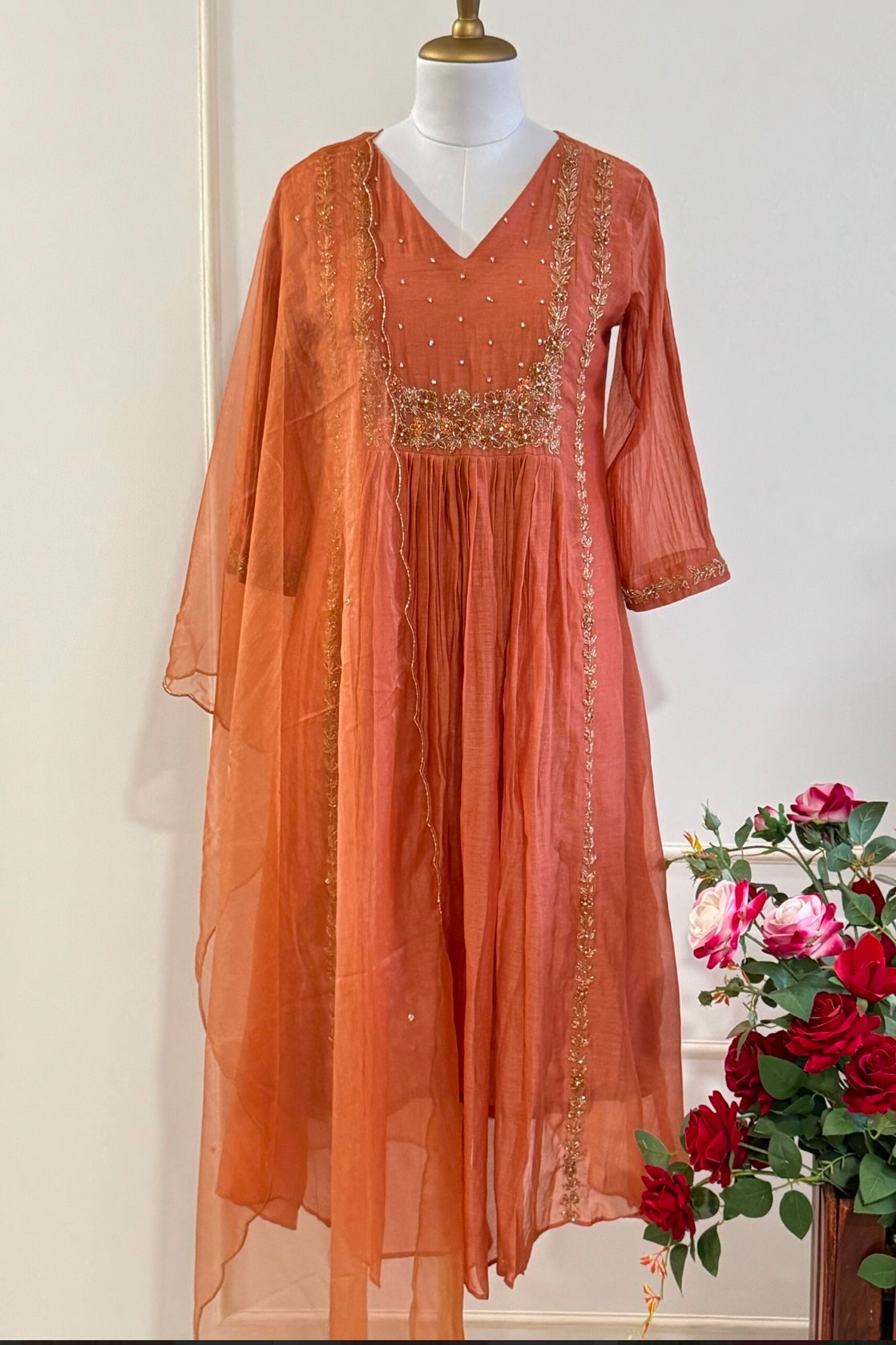“Ayza” Premium Peach Mul Chanderi A Line Suit set 🛍️