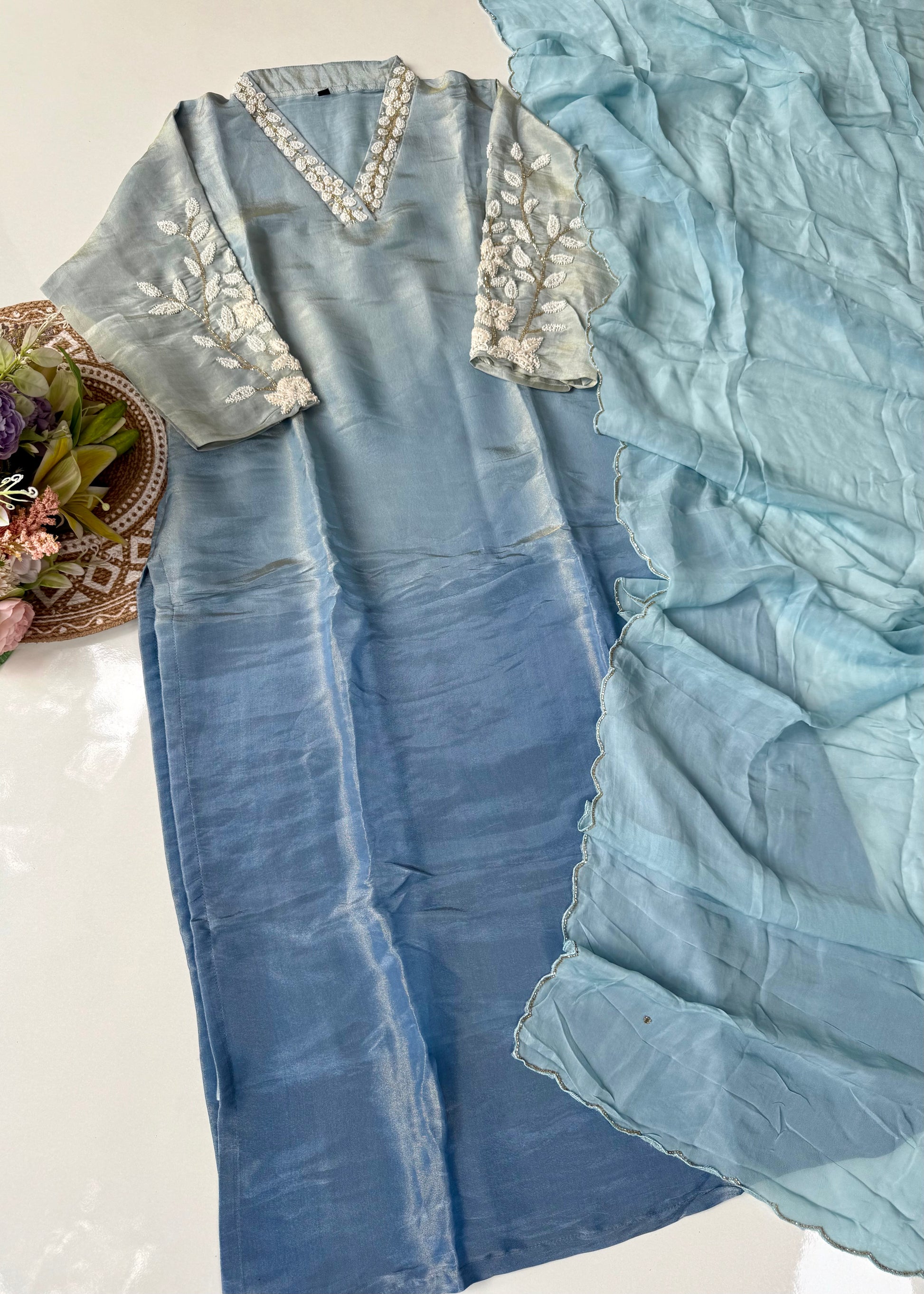 “Alora” Blue Serenity Ombre Tissue Silk kurta set