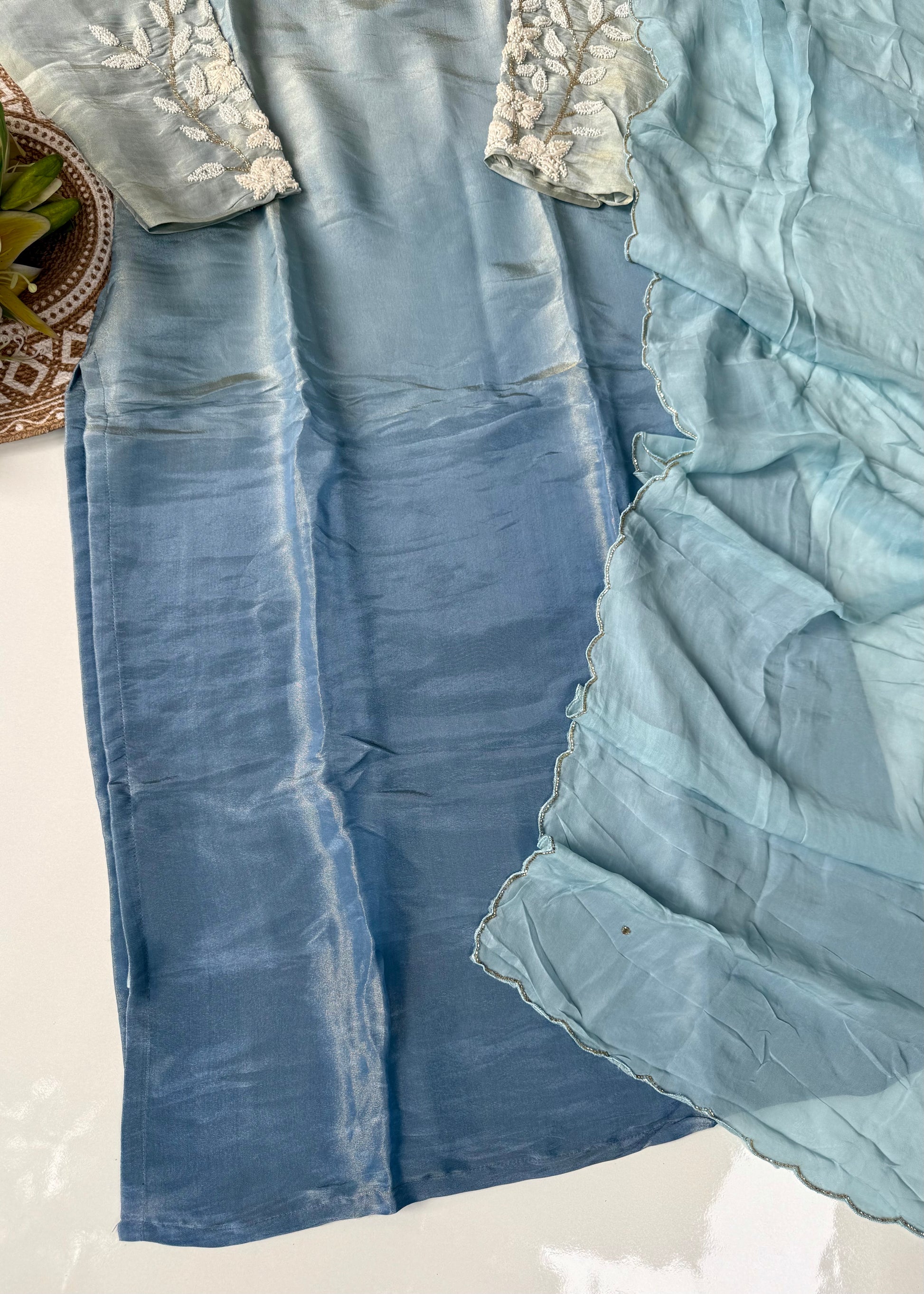 “Alora” Blue Serenity Ombre Tissue Silk kurta set
