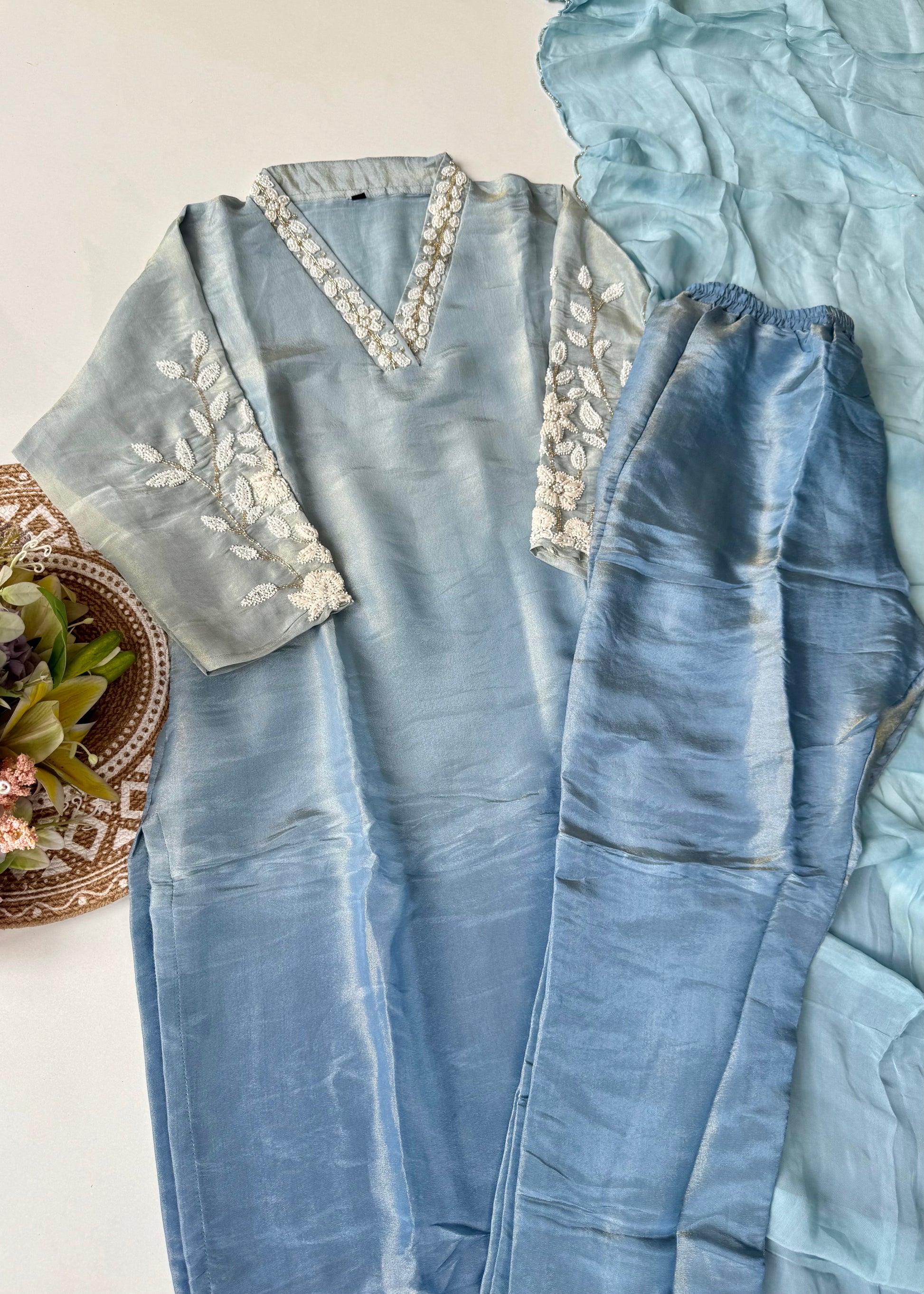 “Alora” Blue Serenity Ombre Tissue Silk kurta set