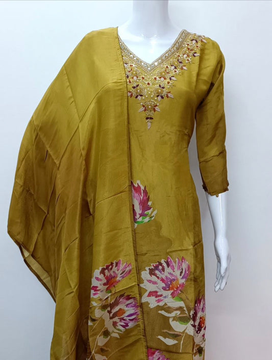 "MARYAM" Mustard printed Tissue silk kurti with heavy handwork set