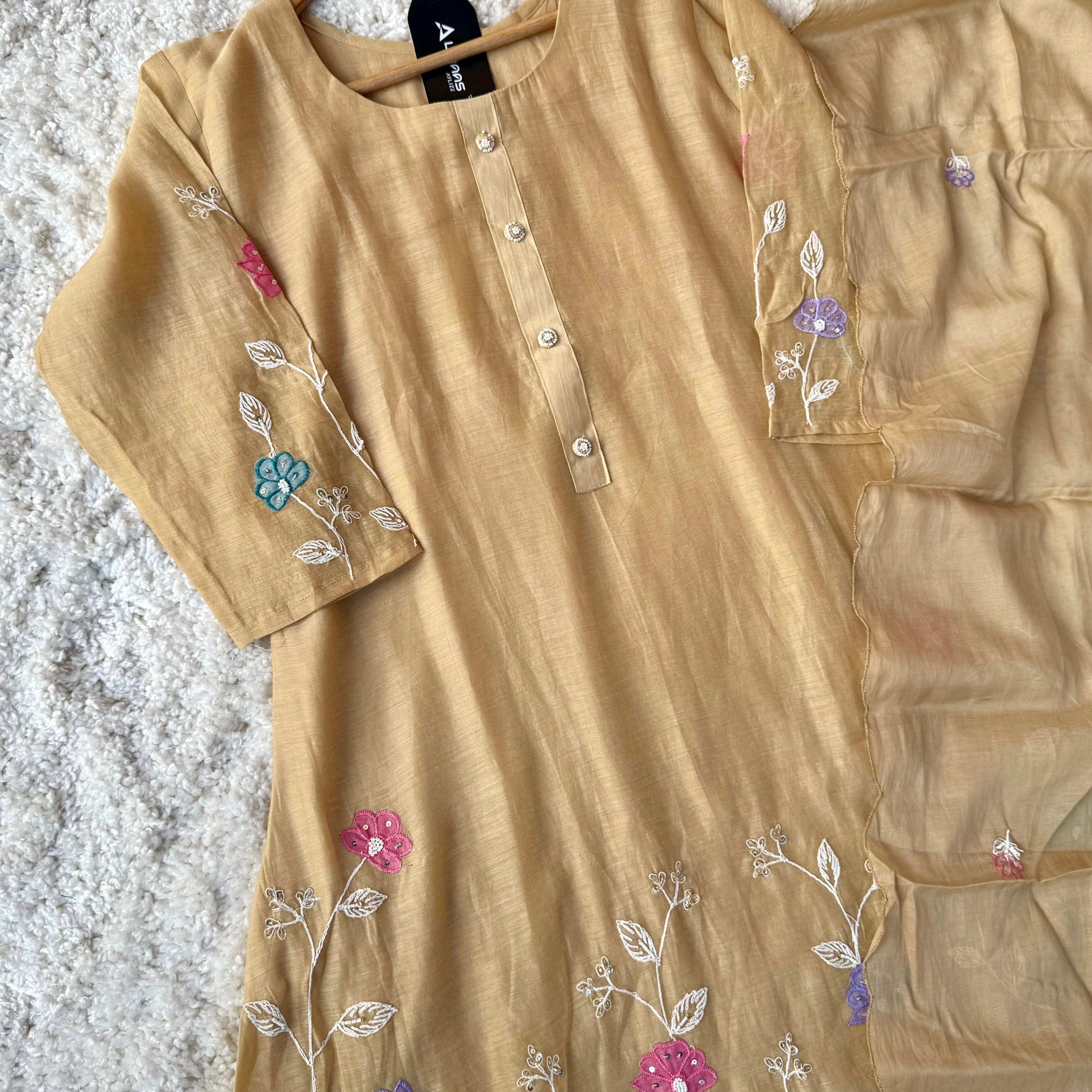 “Thread” Premium Beige Mul Chanderi A Line kurta set