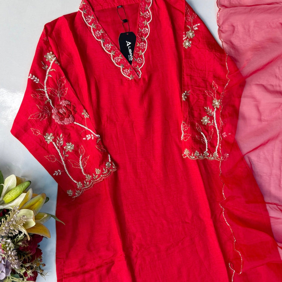 “Ivory” Beautiful Red Dola silk handcrafted kurta set