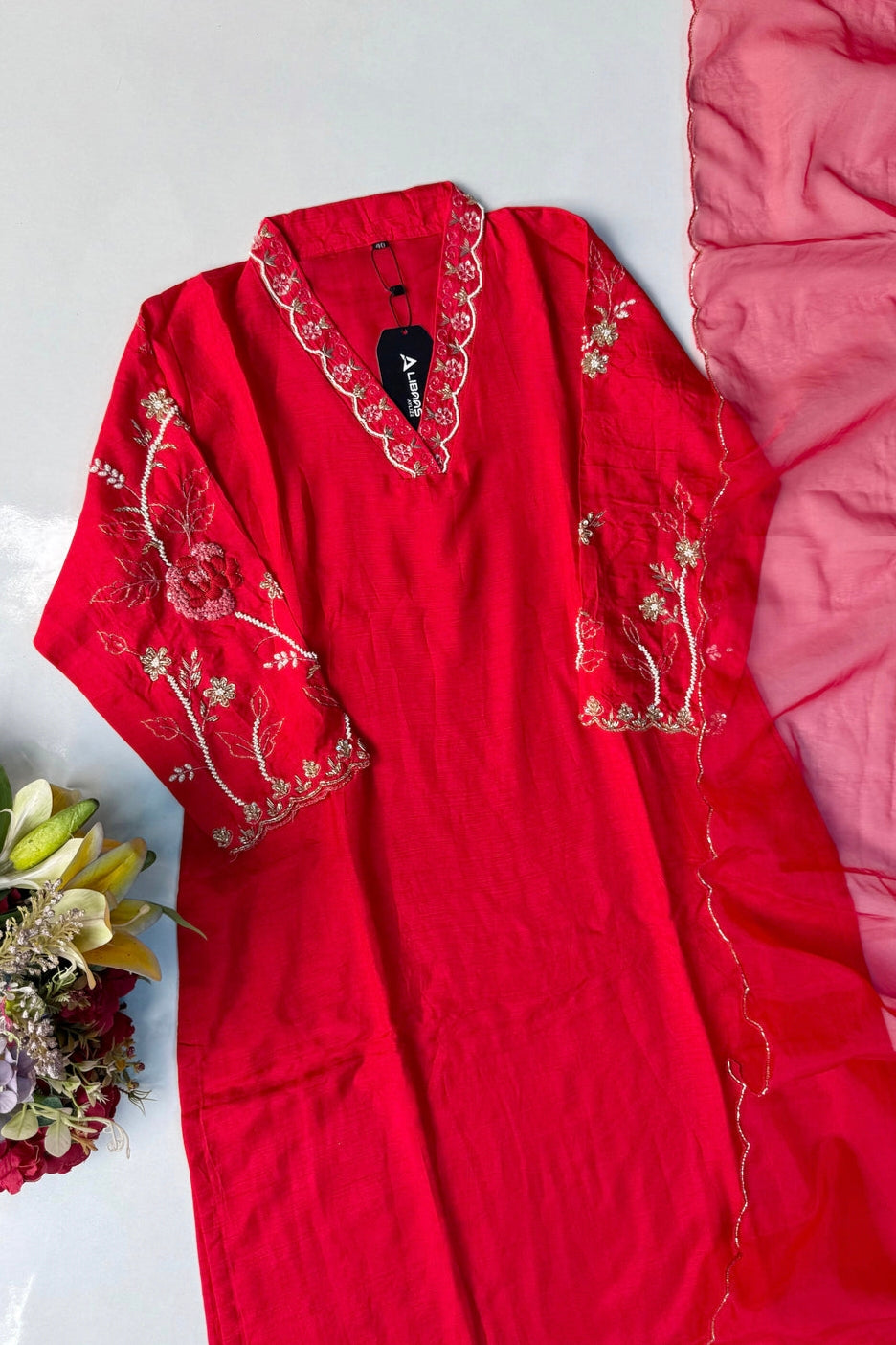 “Ivory” Beautiful Red Dola silk handcrafted kurta set