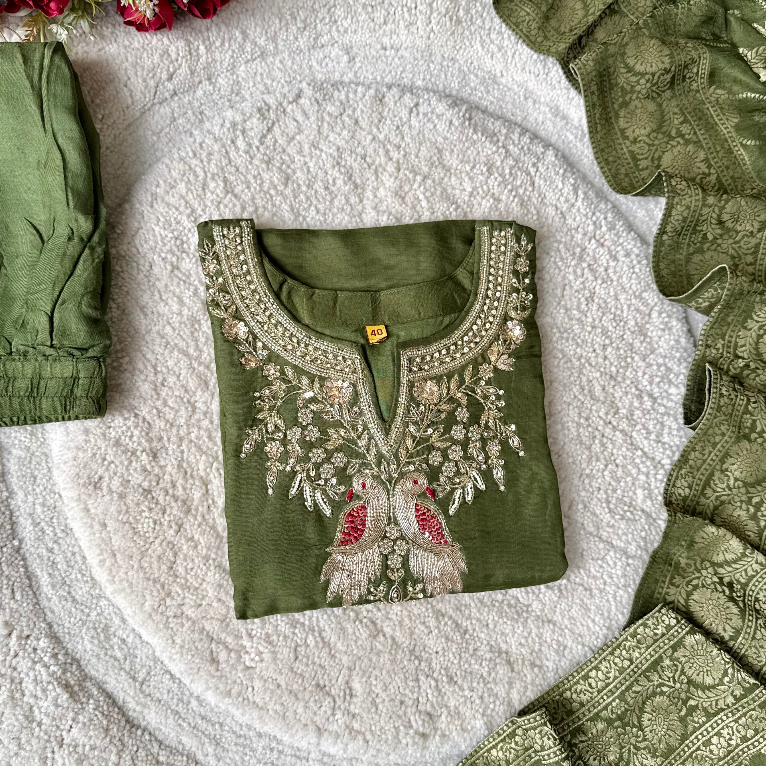 “Roses” Premium Green Dola Silk handcrafted kurti bottom with Banarsi dupatta set