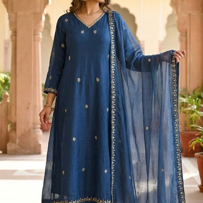 ✨”Mehar– Premium Party wear Mul Chanderi A-Line Kurta Set✨