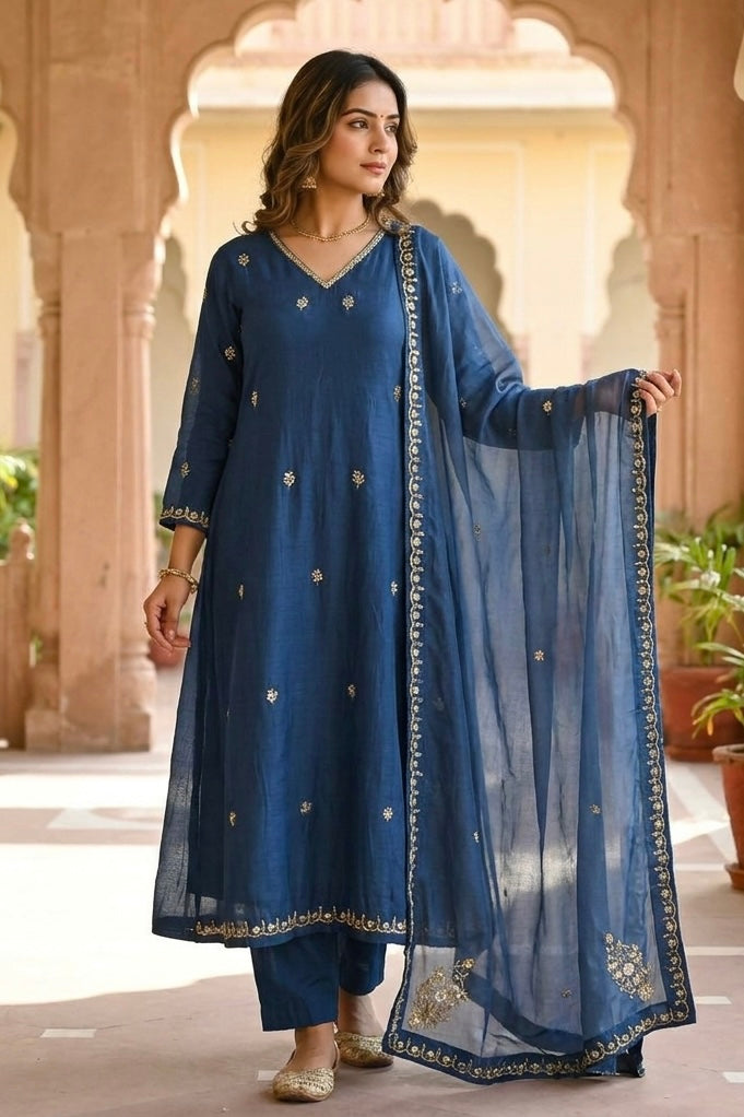 ✨”Mehar– Premium Party wear Mul Chanderi A-Line Kurta Set✨