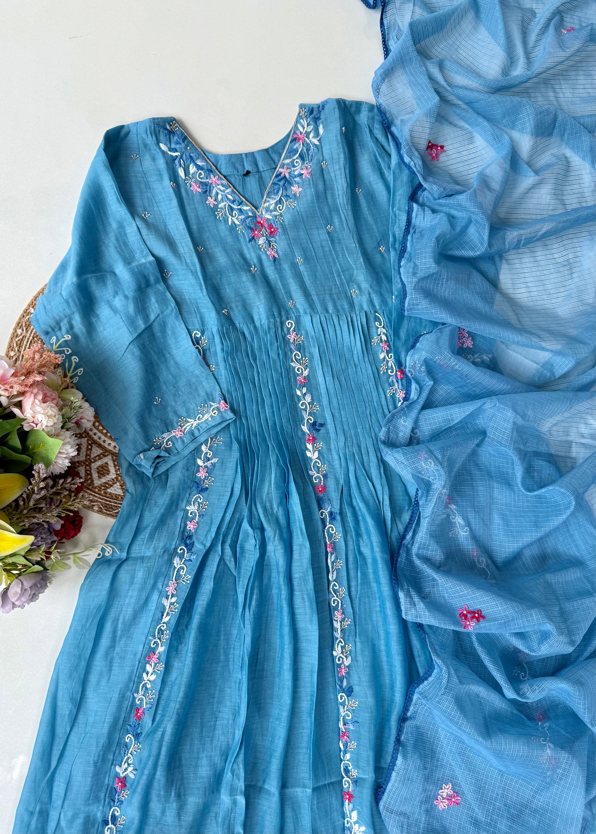 “RUH” Sky Blue Mul Chanderi anarkali kurta set