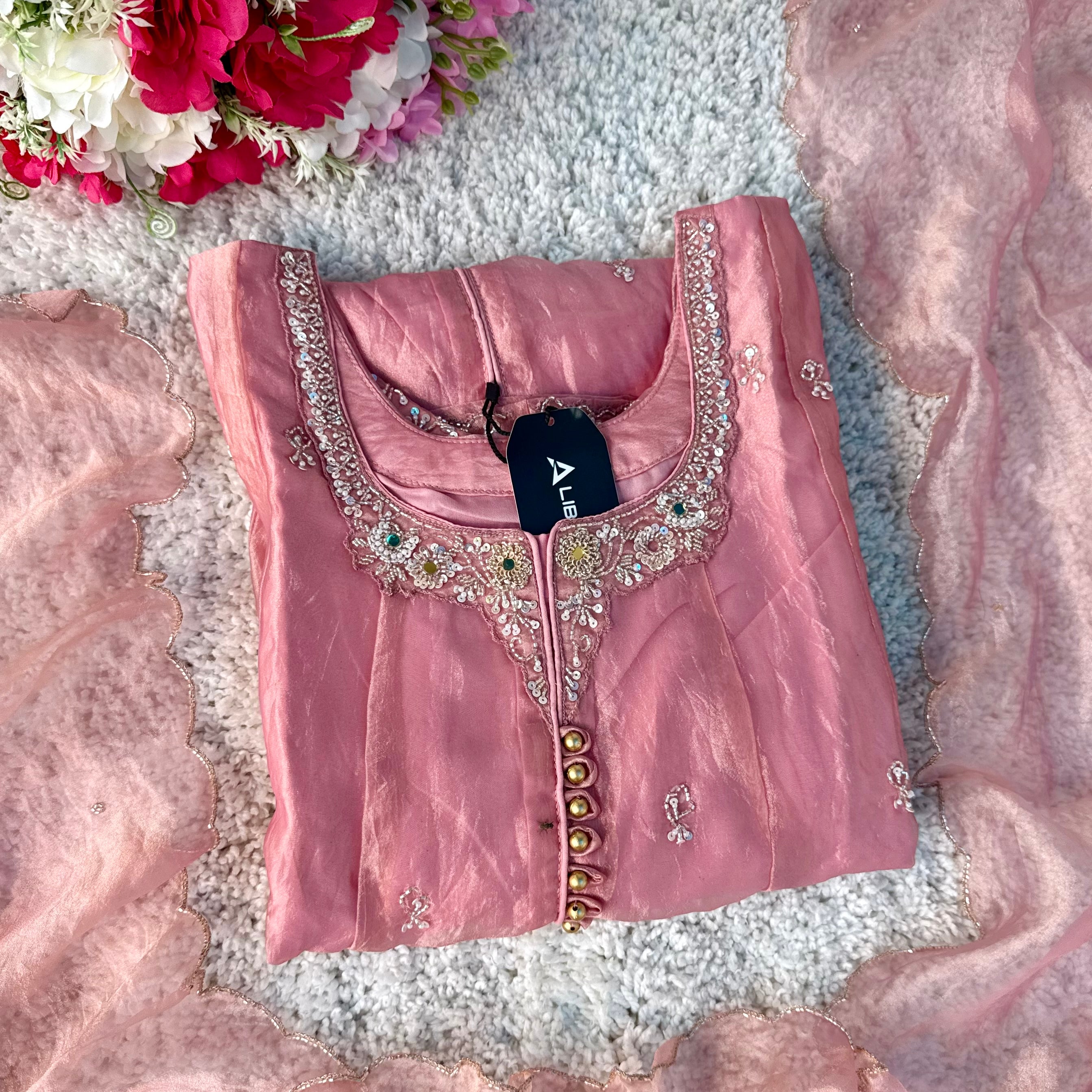 ✨Aiyana- Rose Pink Crushed Tissue Heavy Anarkali Kurta Set