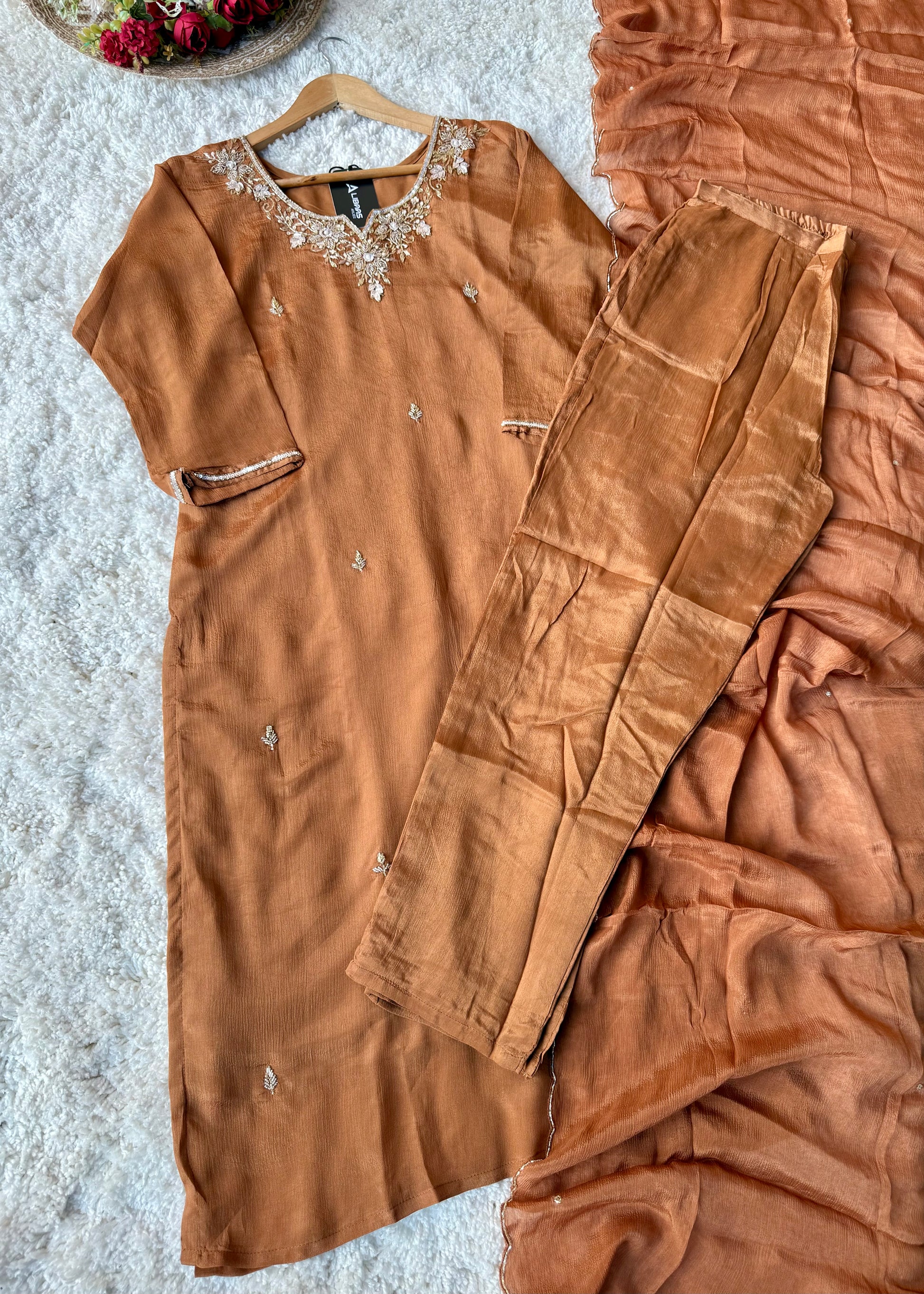 ✨ “Aaliya – Premium Caramel Brown Chinnon handwork straight kurta set