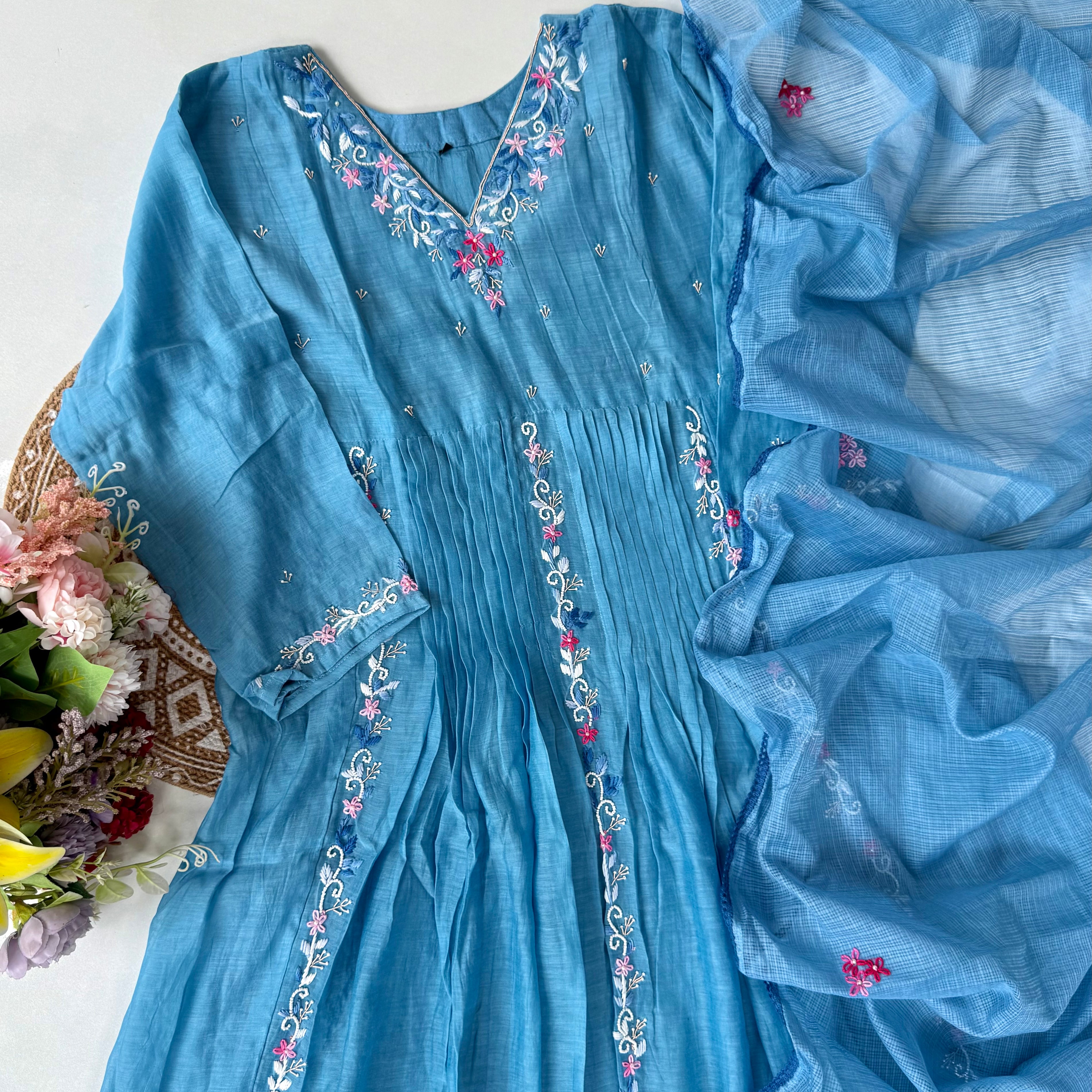 “RUH” Sky Blue Mul Chanderi anarkali kurta set