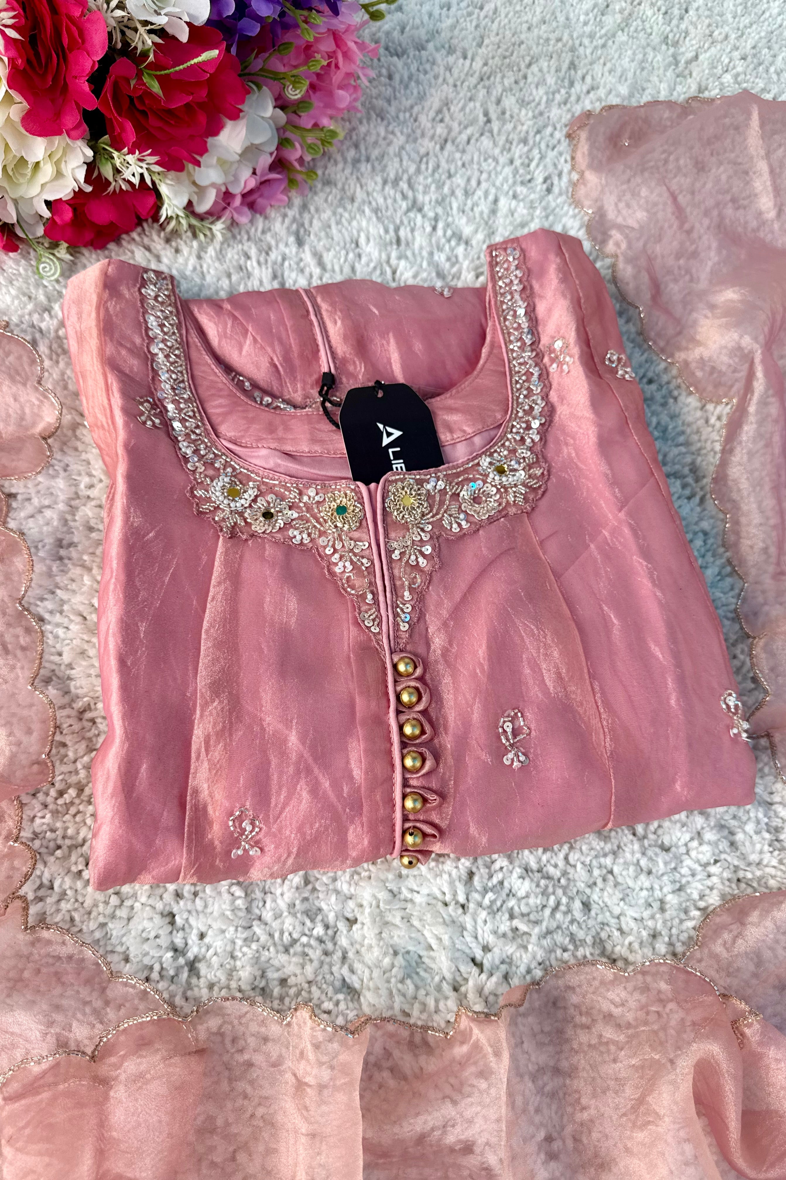 ✨Aiyana- Rose Pink Crushed Tissue Heavy Anarkali Kurta Set