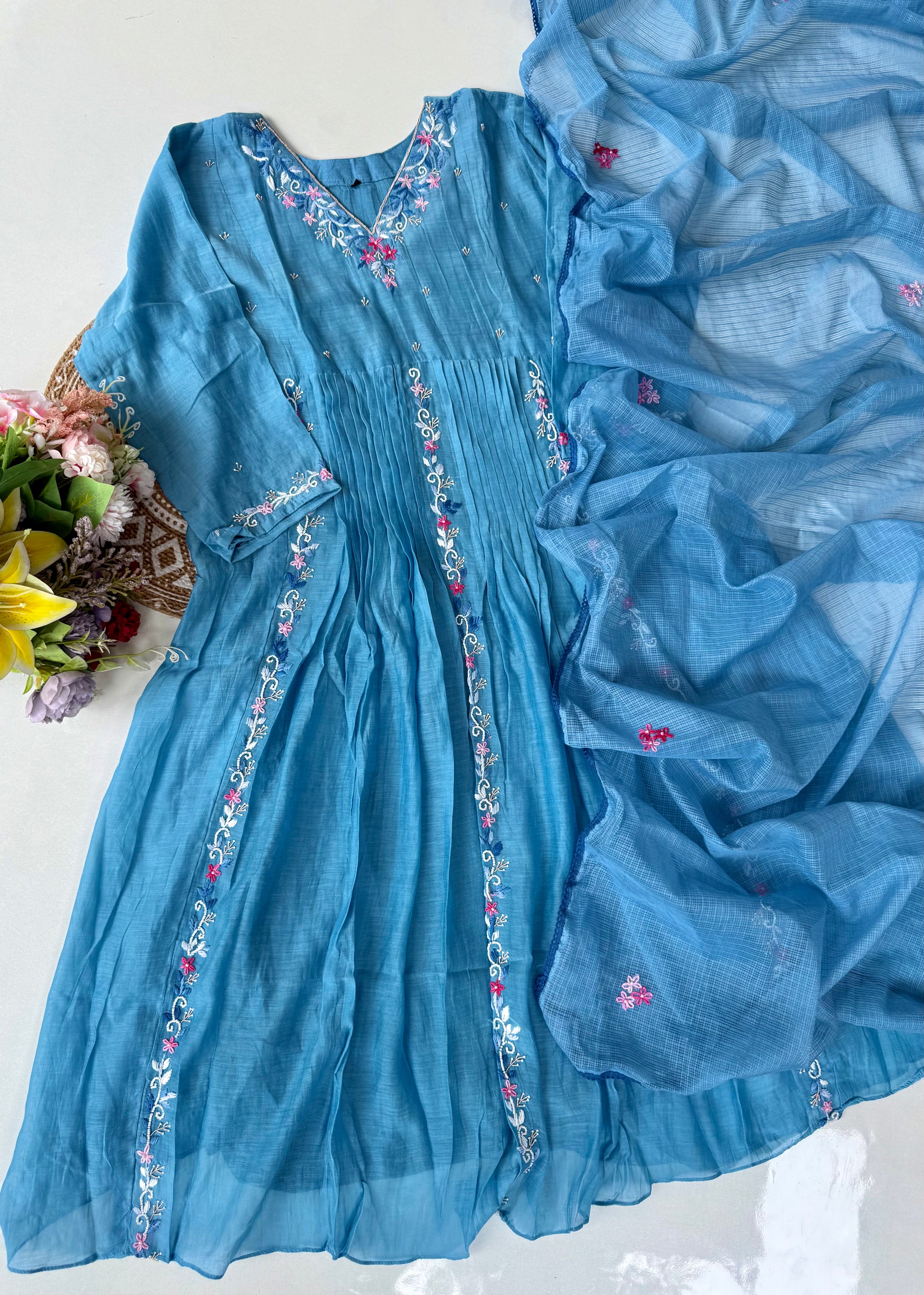 “RUH” Sky Blue Mul Chanderi anarkali kurta set