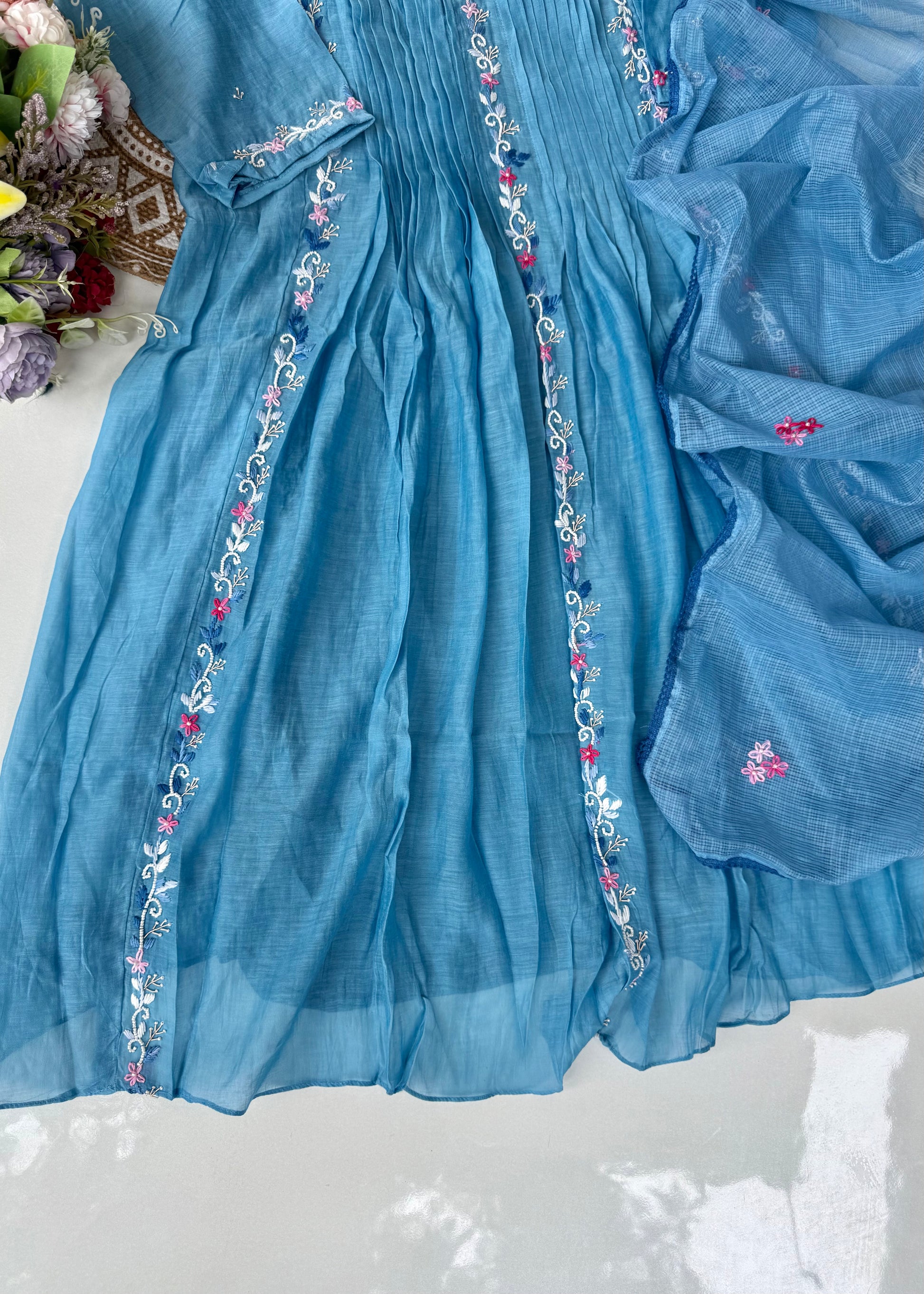 “RUH” Sky Blue Mul Chanderi anarkali kurta set
