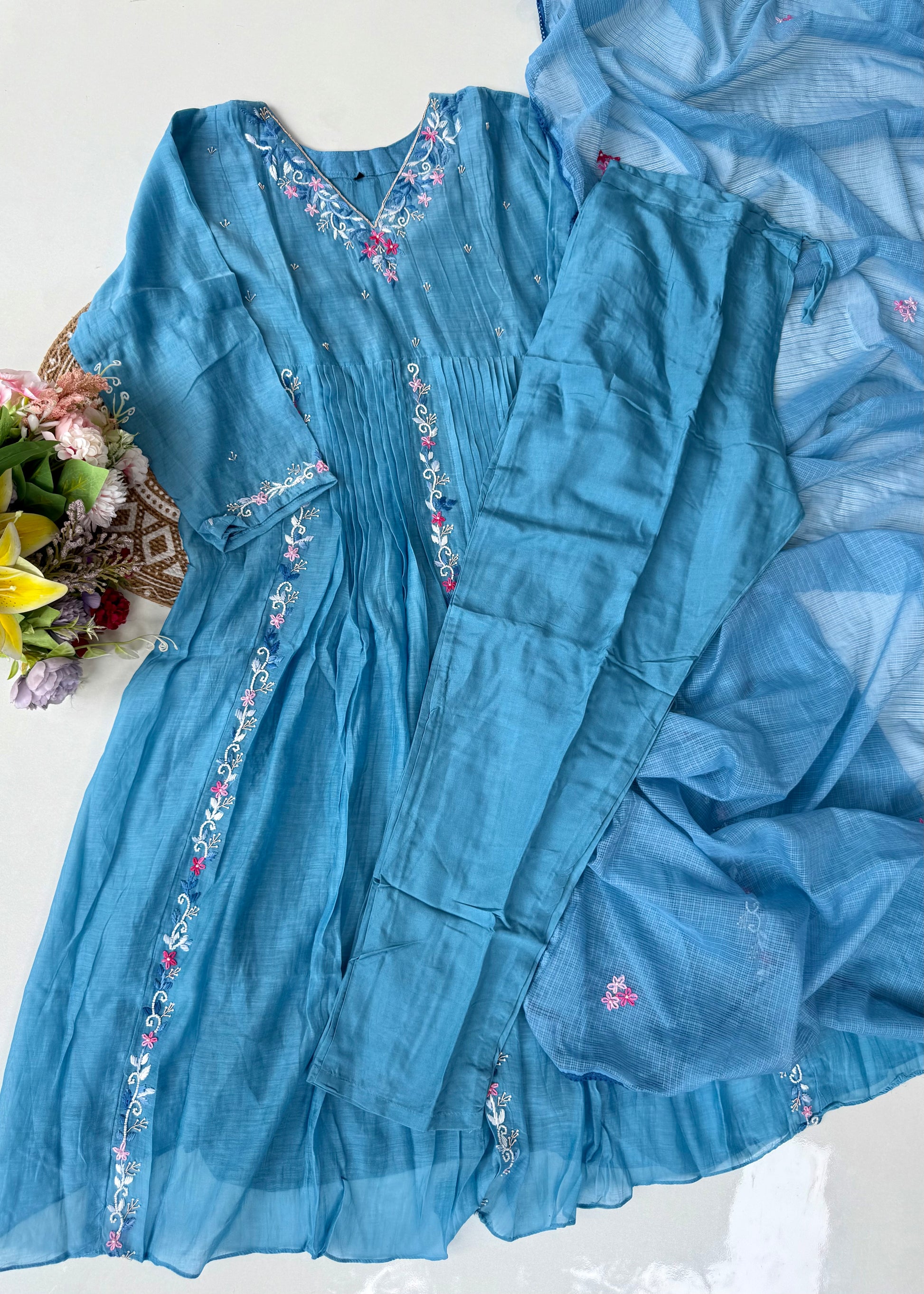 “RUH” Sky Blue Mul Chanderi anarkali kurta set