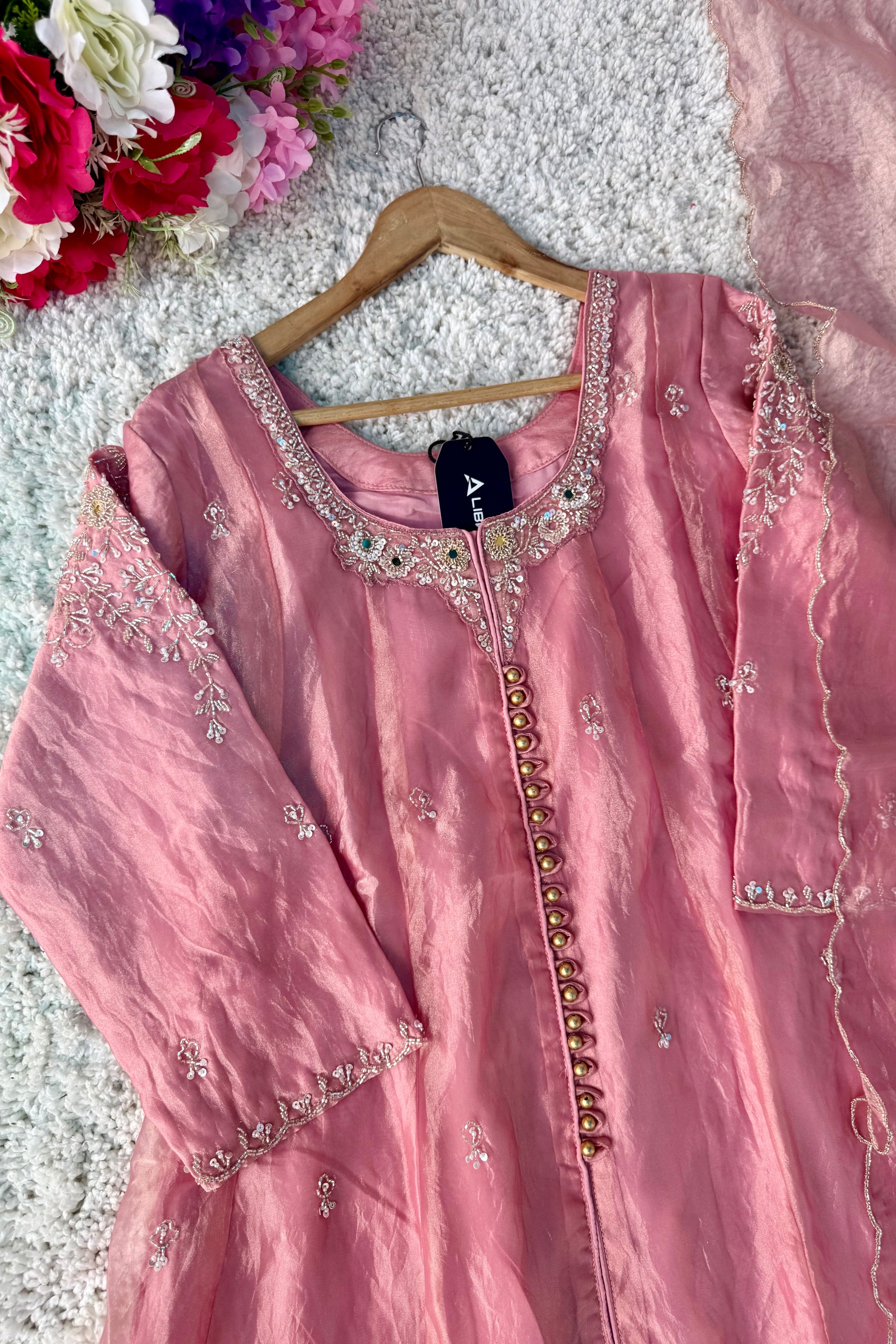 ✨Aiyana- Rose Pink Crushed Tissue Heavy Anarkali Kurta Set