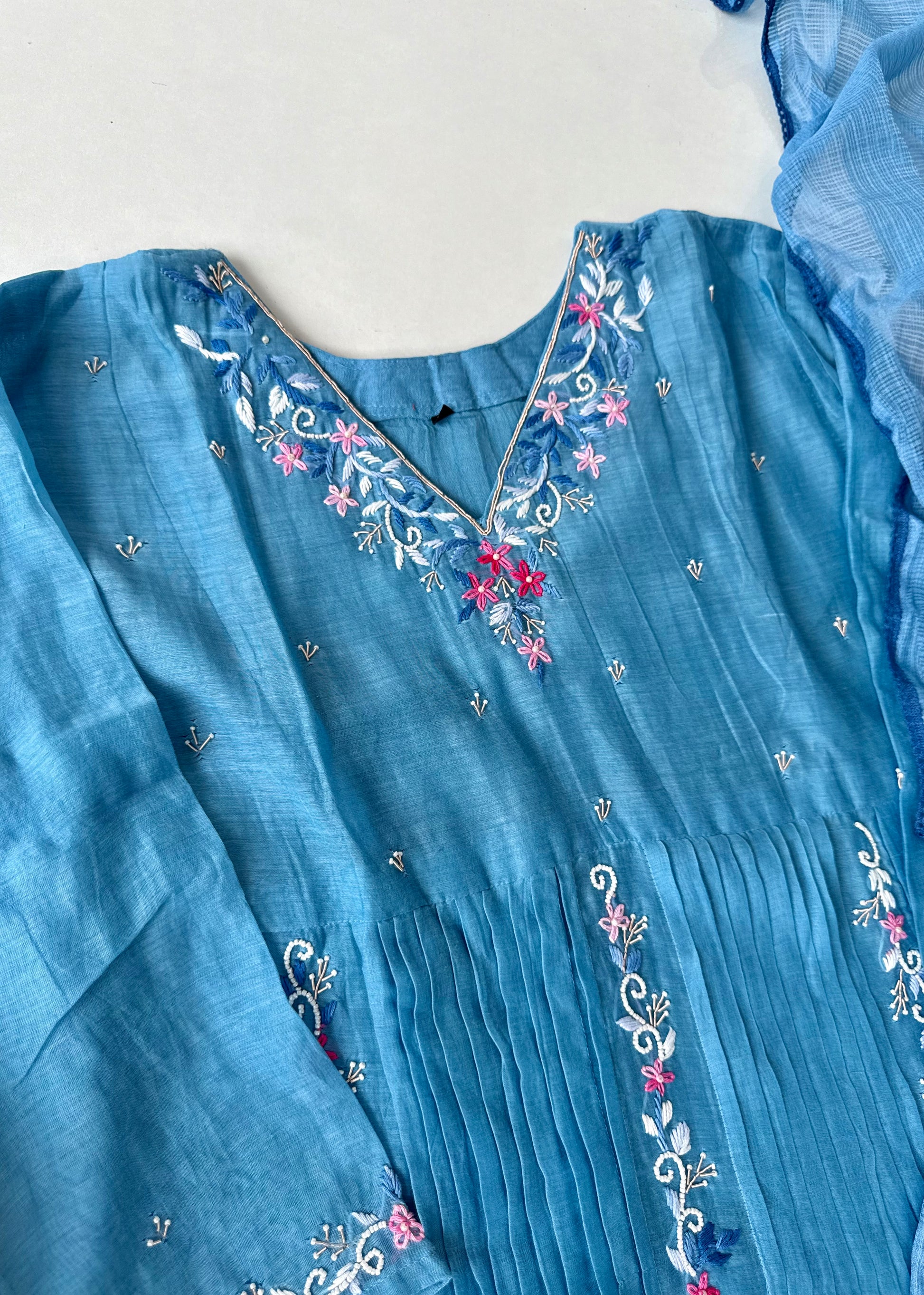 “RUH” Sky Blue Mul Chanderi anarkali kurta set