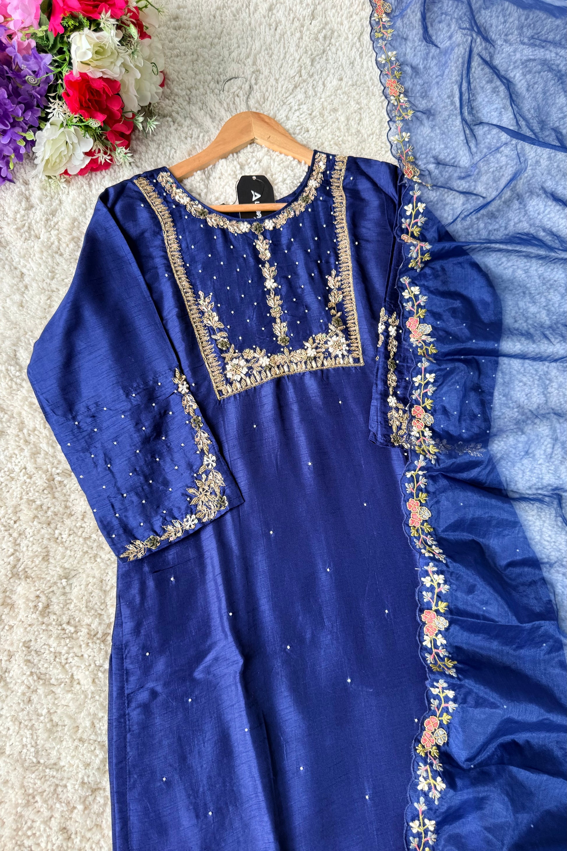 “ALKA” A very beautiful Blue piece with zardozi & zari handwork set