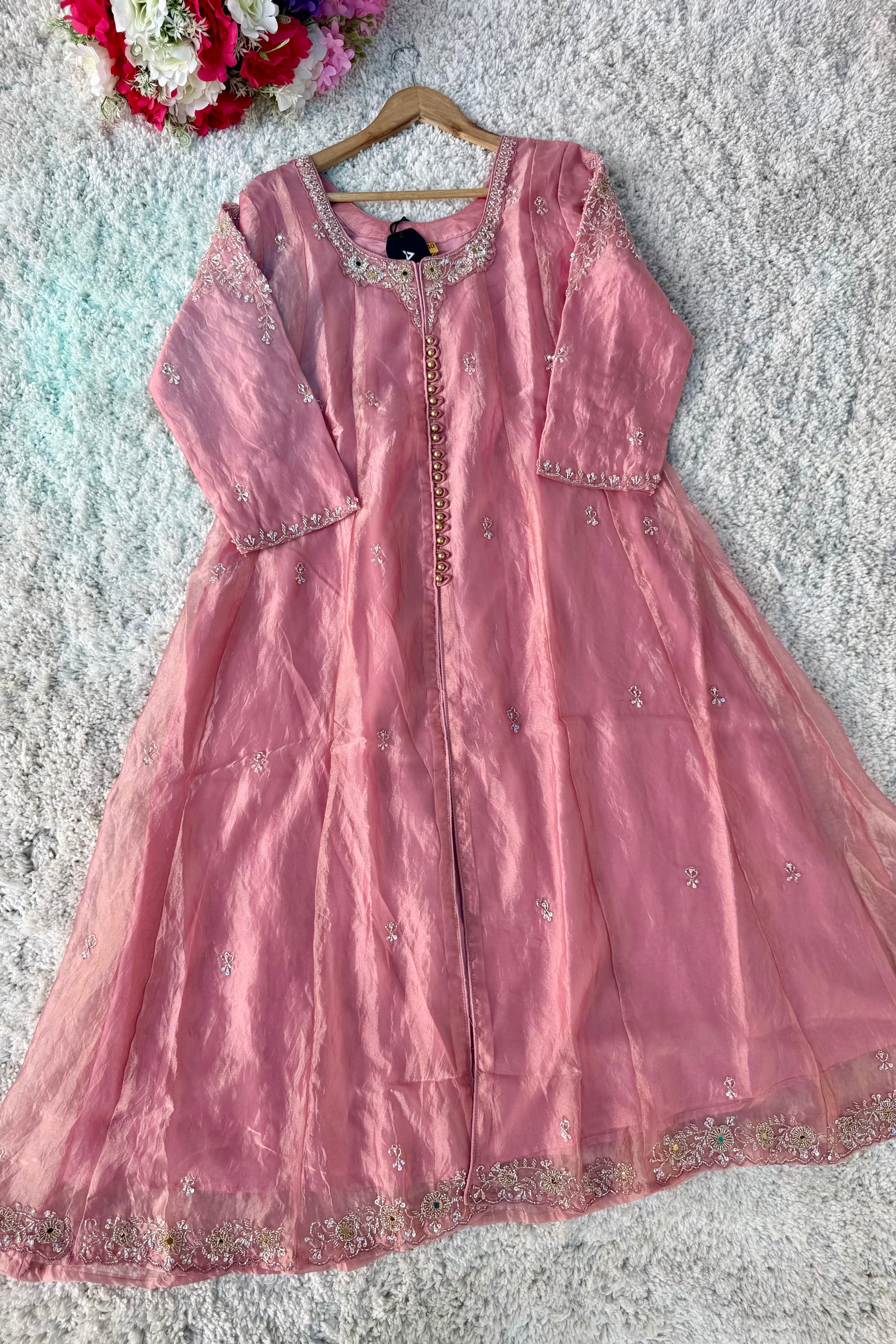 ✨Aiyana- Rose Pink Crushed Tissue Heavy Anarkali Kurta Set
