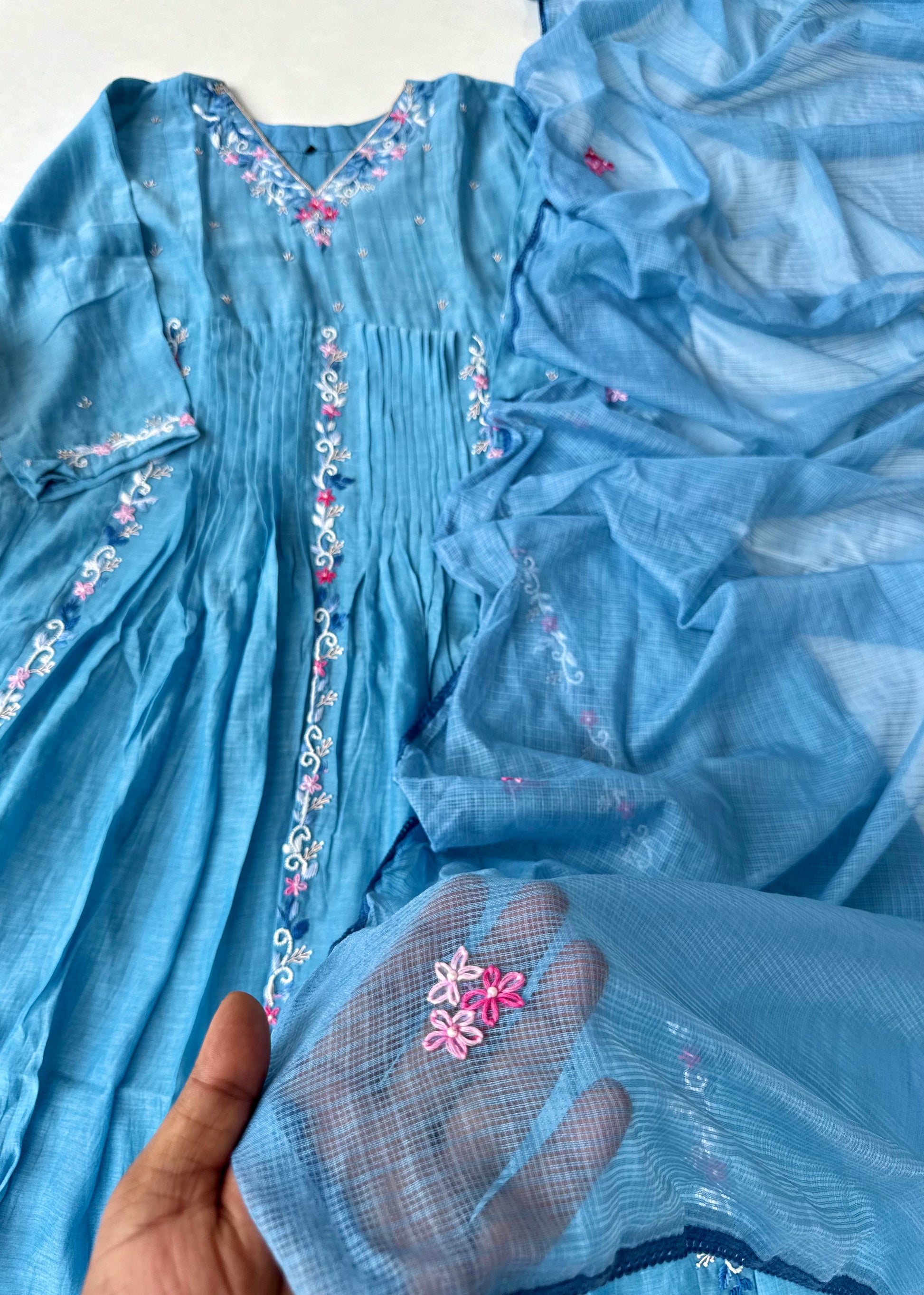 “RUH” Sky Blue Mul Chanderi anarkali kurta set