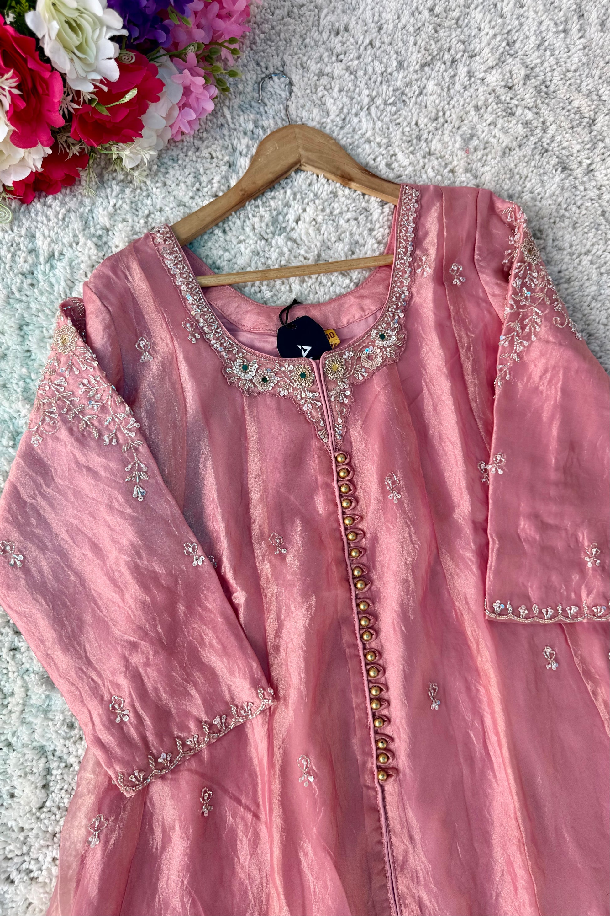 ✨Aiyana- Rose Pink Crushed Tissue Heavy Anarkali Kurta Set