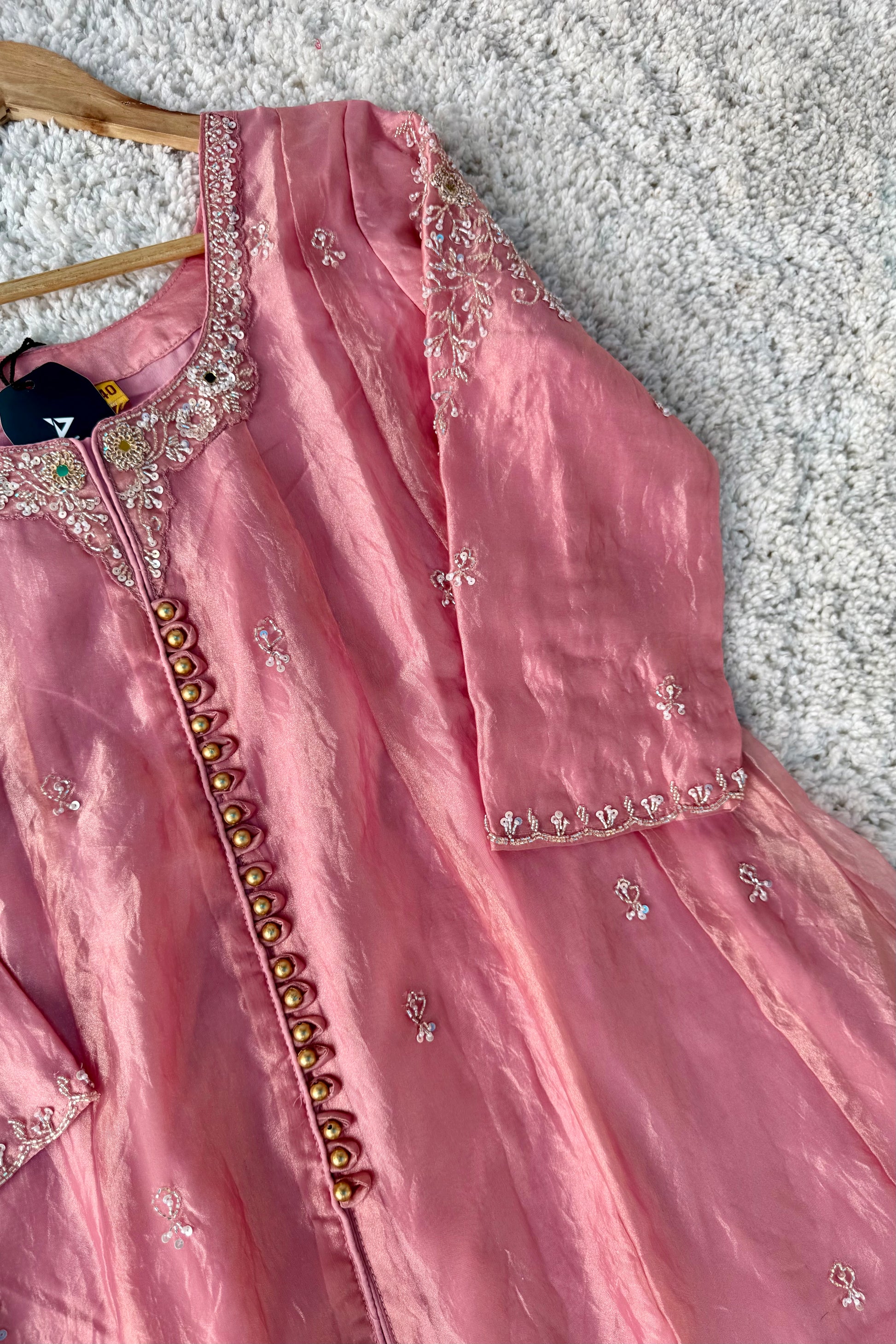 ✨Aiyana- Rose Pink Crushed Tissue Heavy Anarkali Kurta Set