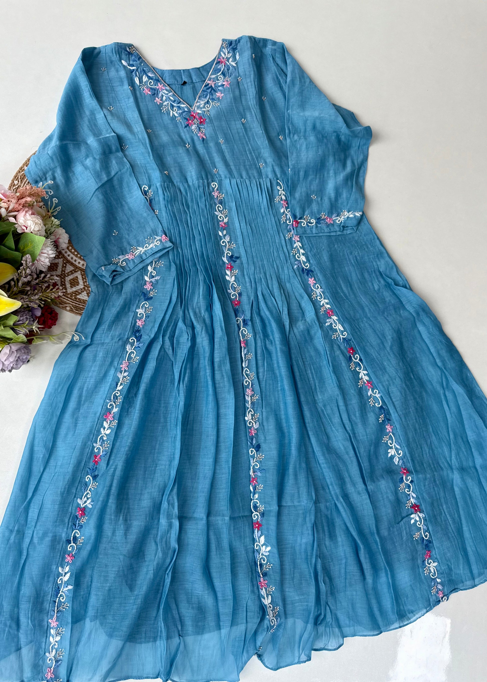 “RUH” Sky Blue Mul Chanderi anarkali kurta set