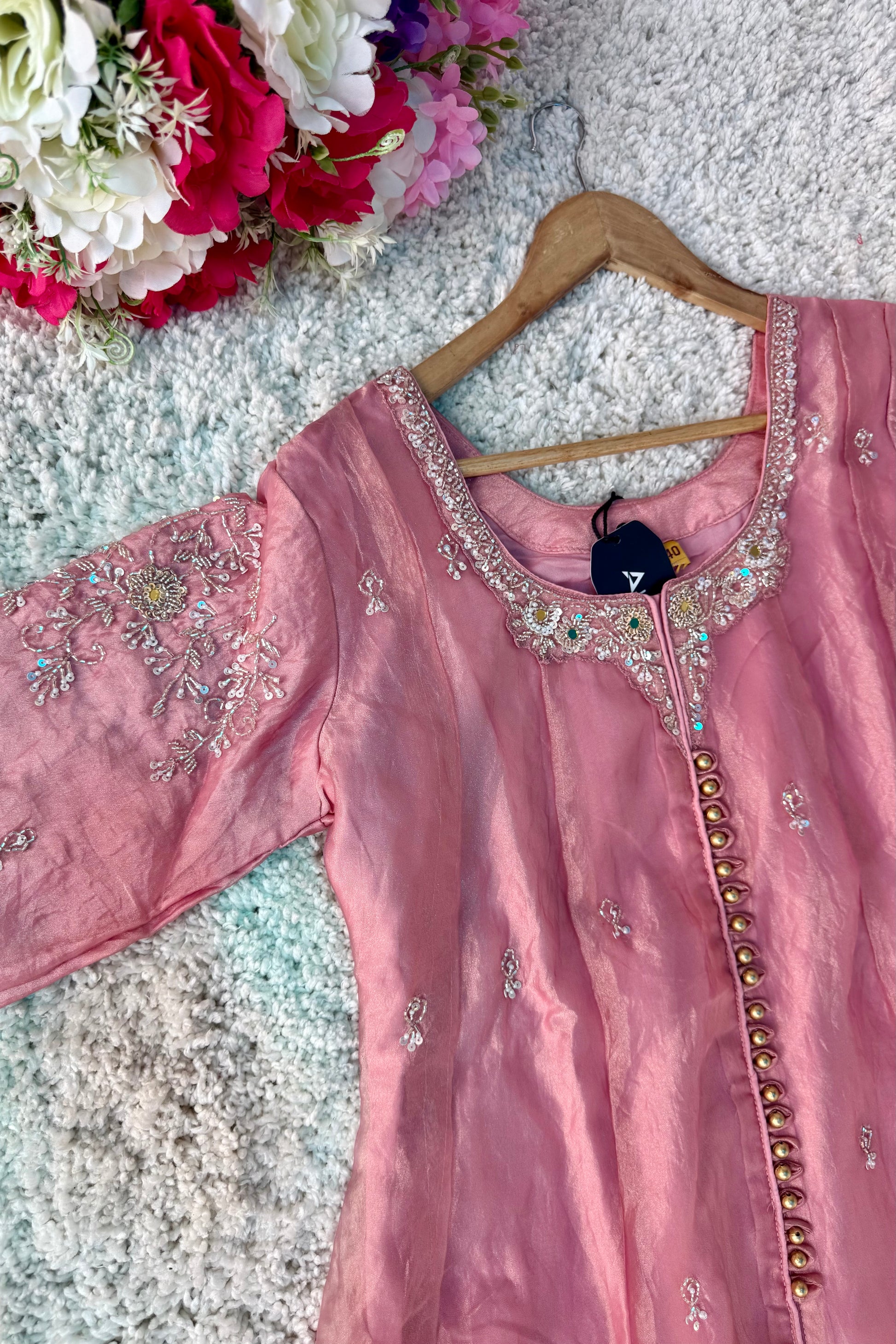 ✨Aiyana- Rose Pink Crushed Tissue Heavy Anarkali Kurta Set